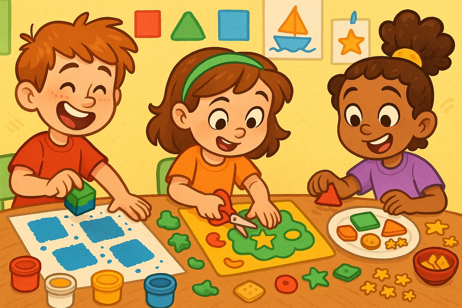 Energetic cartoon showing children engaged in various innovative shape activities, including sponge painting and shape snacks. Energetic cartoon showing children engaged in various innovative shape activities, including sponge painting and shape snacks.