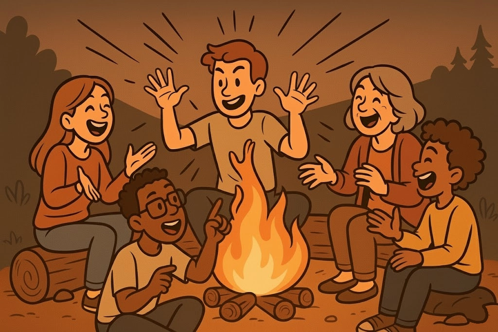 Cartoon showing five friends playing an interactive, gesturing game with exaggerated expressions around a campfire. Cartoon showing five friends playing an interactive, gesturing game with exaggerated expressions around a campfire.