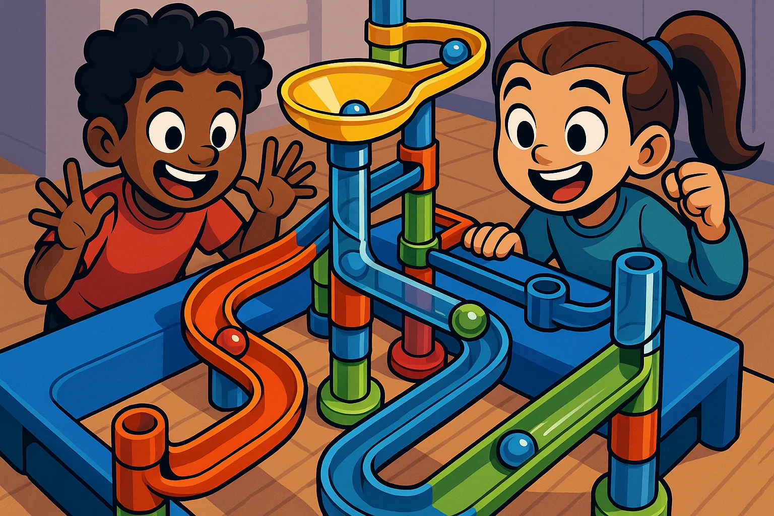 A modern cartoon illustration of two excited children playing with a large, colorful interactive marble run toy set. A modern cartoon illustration of two excited children playing with a large, colorful interactive marble run toy set.
