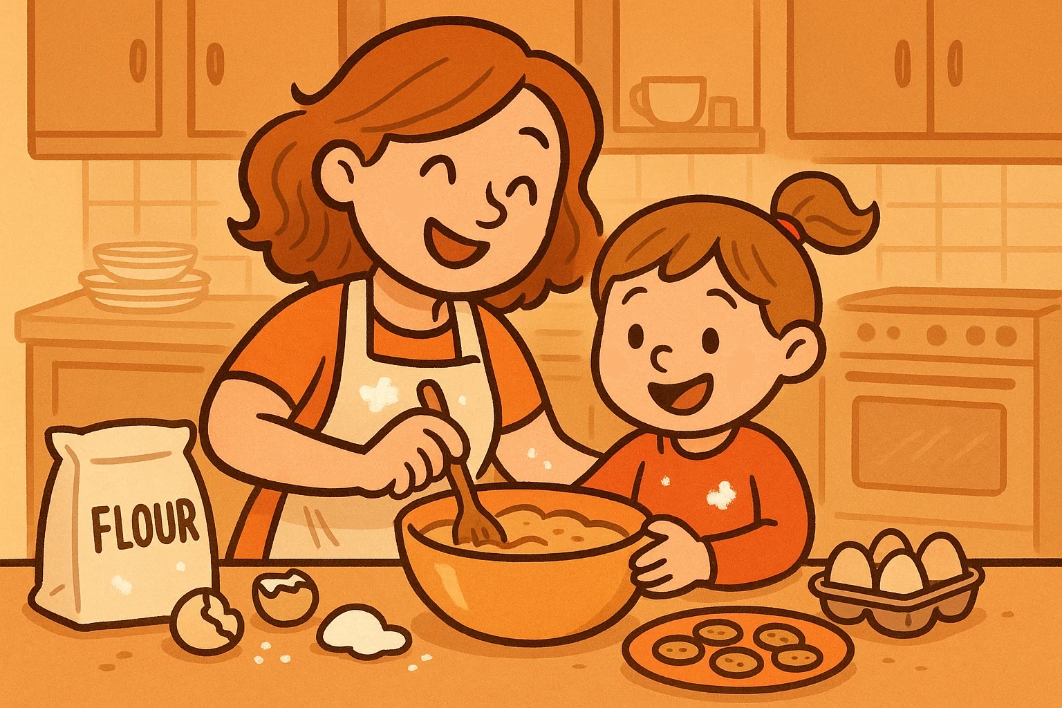 Cartoon illustration of a mother and child happily baking together in a kitchen, focused on mixing ingredients.