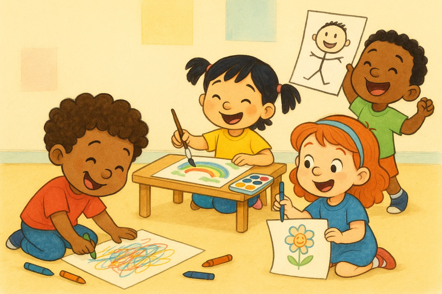Happy children drawing and playing creative games, showcasing the fun and imaginative world of kids' art activities. Happy children drawing and playing creative games, showcasing the fun and imaginative world of kids' art activities.