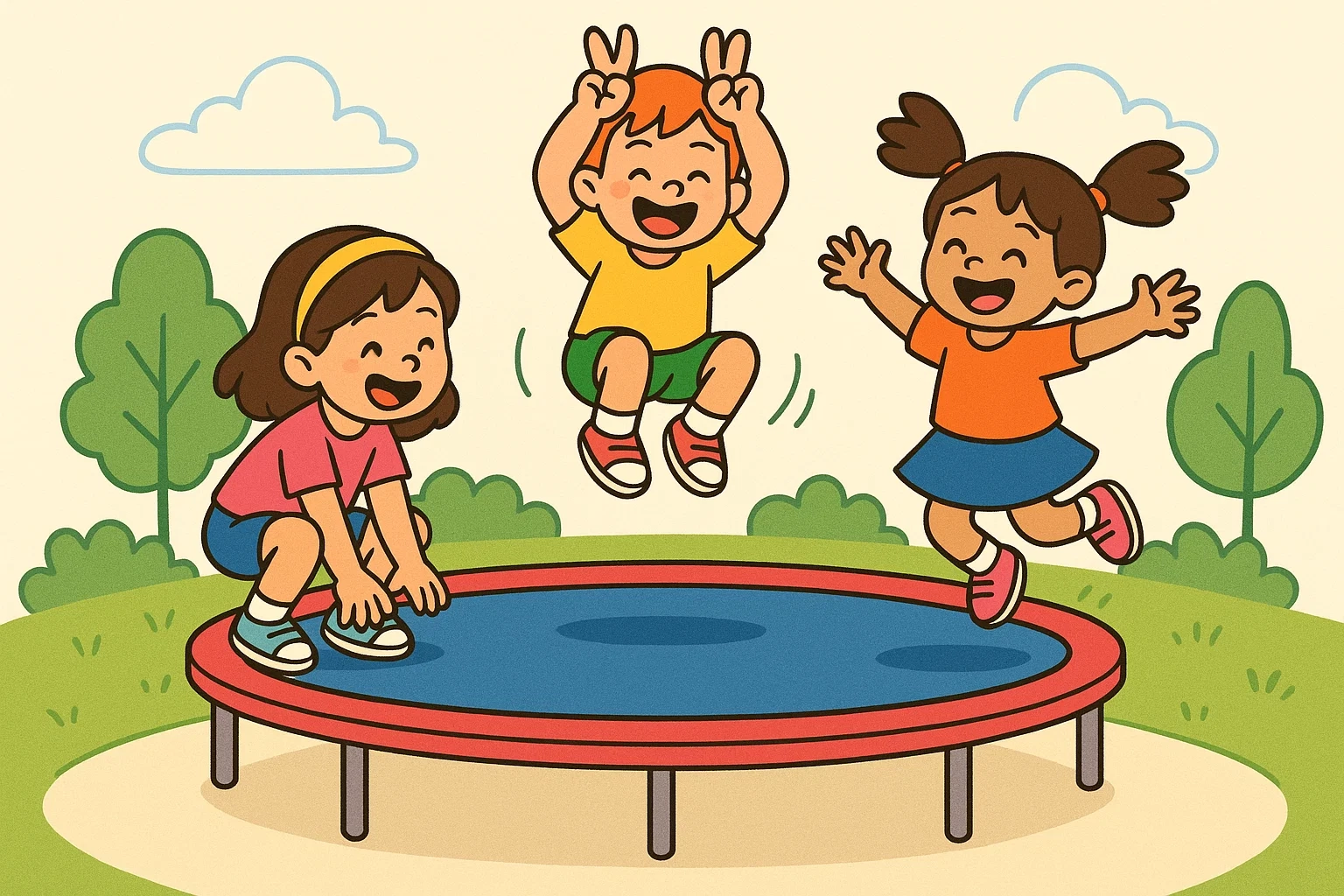 Cartoon showing three young children engaging in simple, imaginative trampoline games to boost motor skills.
