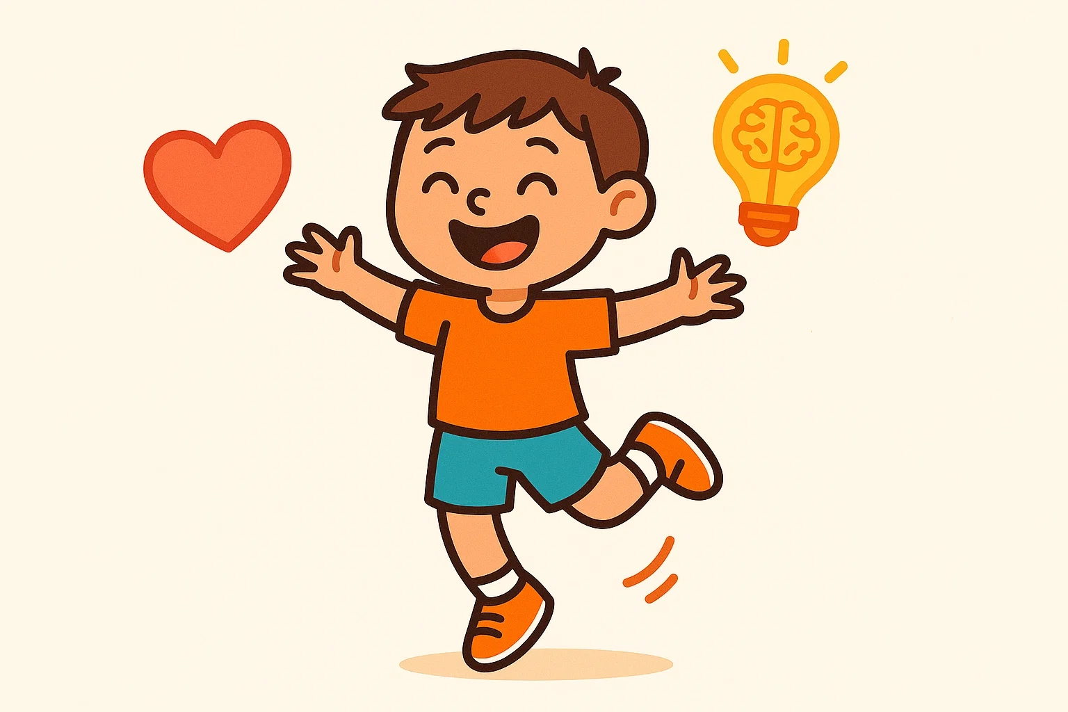 Cartoon showing a happy, jumping child surrounded by icons representing the health, cognitive, and social benefits of dance and movement. Cartoon showing a happy, jumping child surrounded by icons representing the health, cognitive, and social benefits of dance and movement.