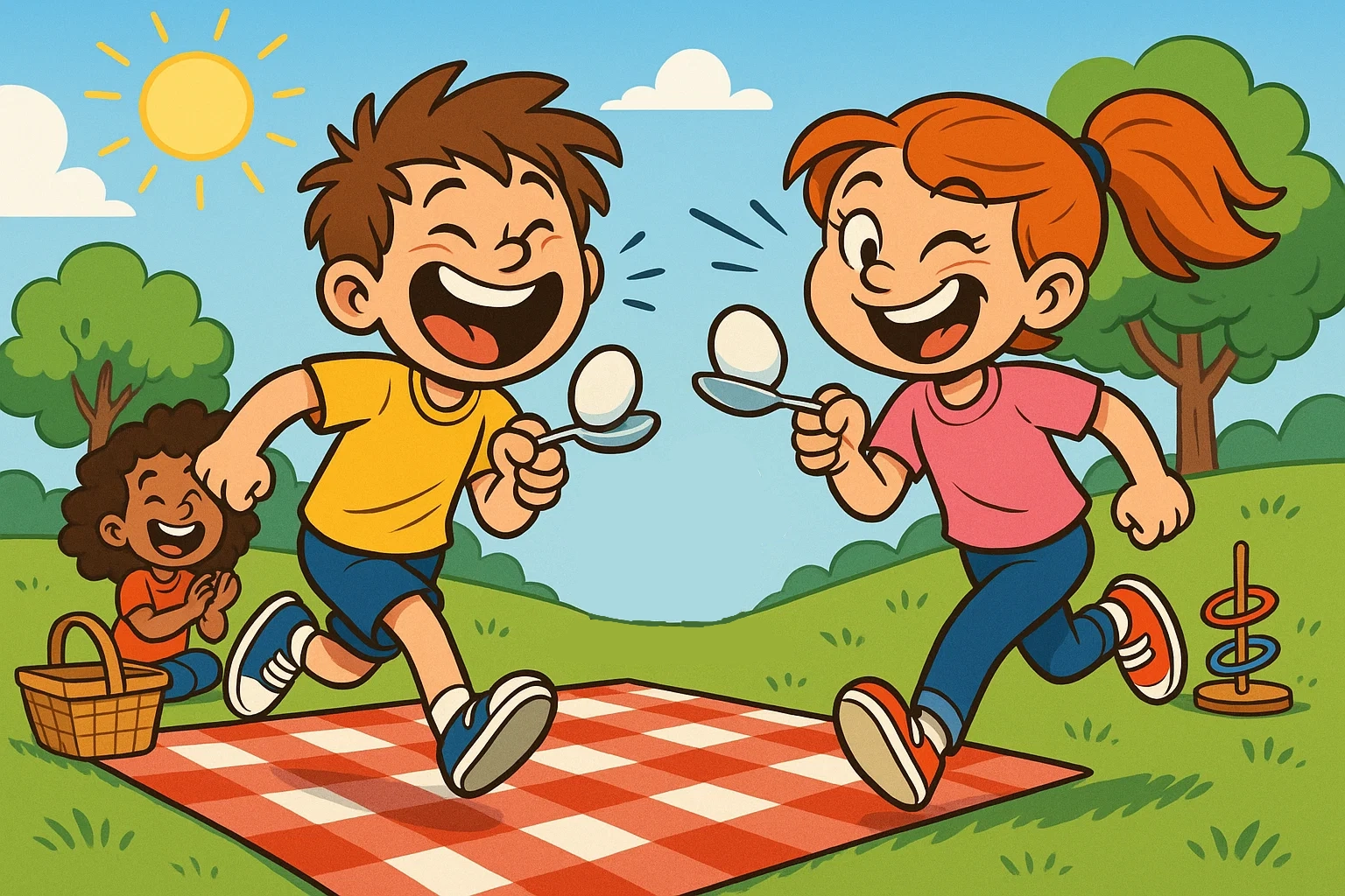 Cartoon image of children playing an egg-and-spoon race and ring toss on a sunny park lawn next to a simple picnic blanket. Cartoon image of children playing an egg-and-spoon race and ring toss on a sunny park lawn next to a simple picnic blanket.
