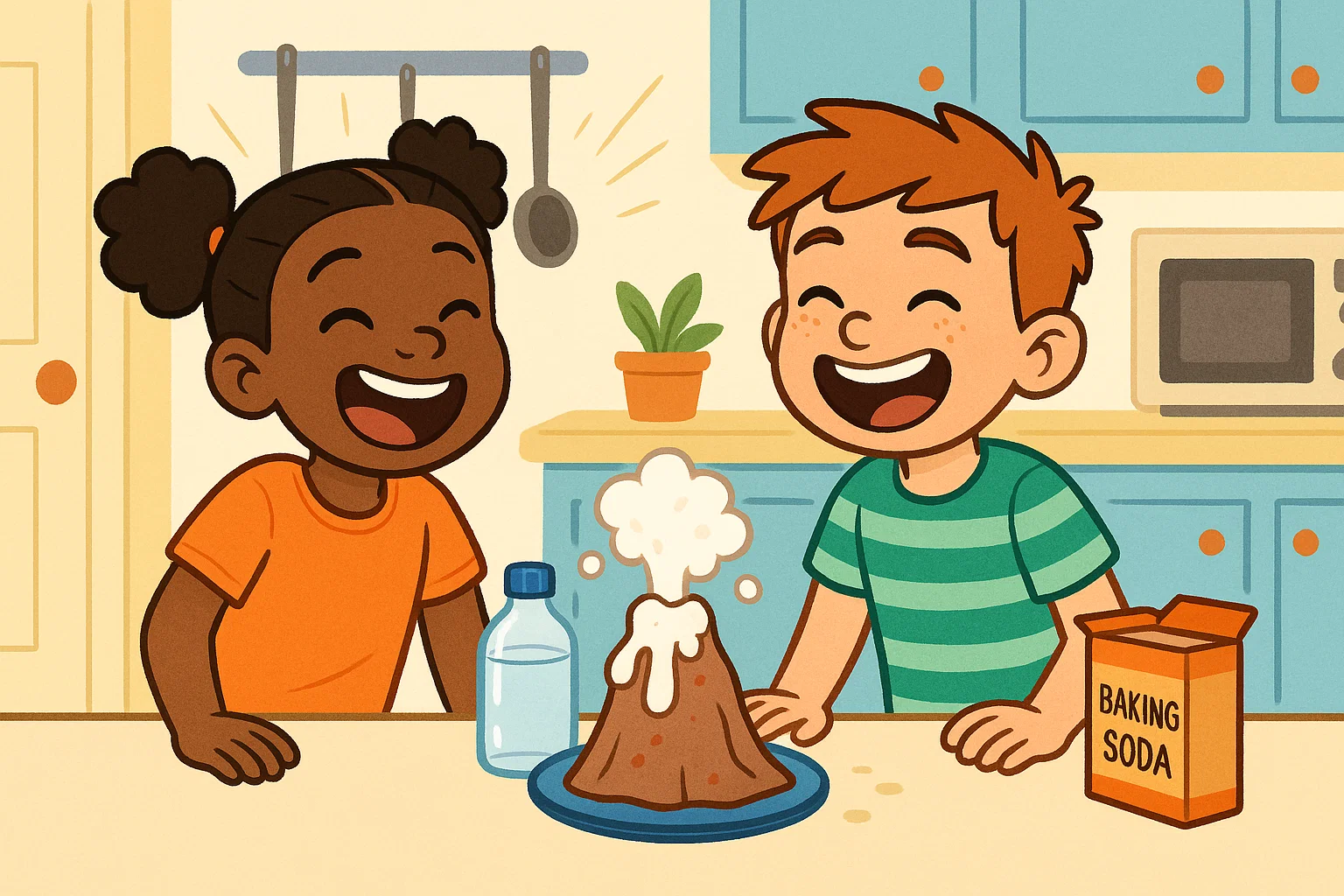 Two happy cartoon kids performing a simple, colorful science experiment, reflecting fun and easy discovery.