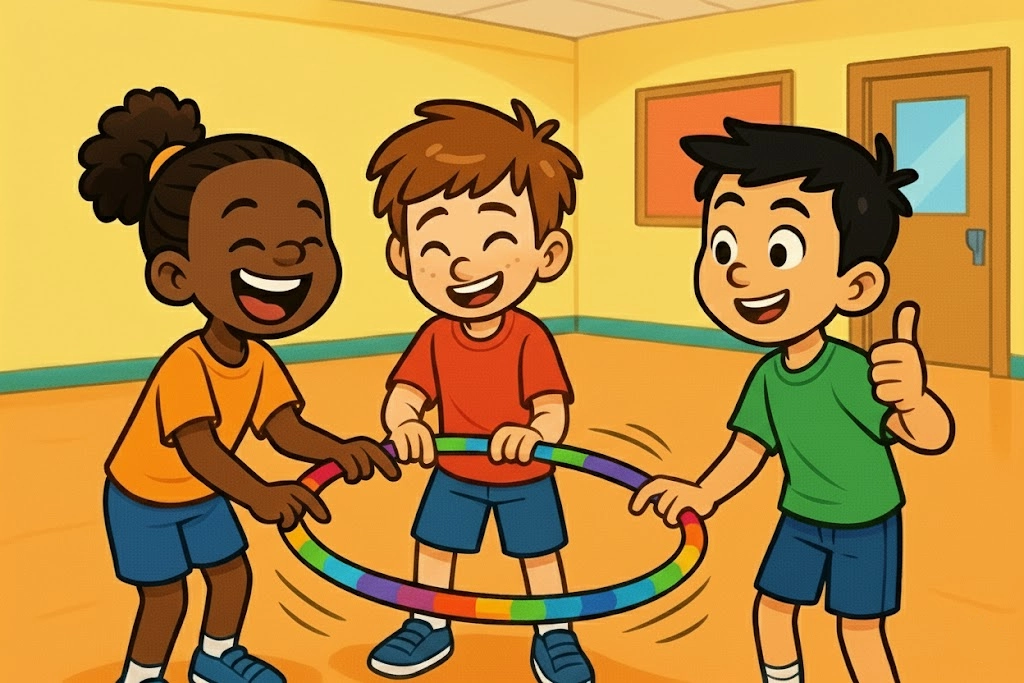 Playful cartoon of kids doing an indoor team building game with a hula hoop to show teamwork and cooperation.