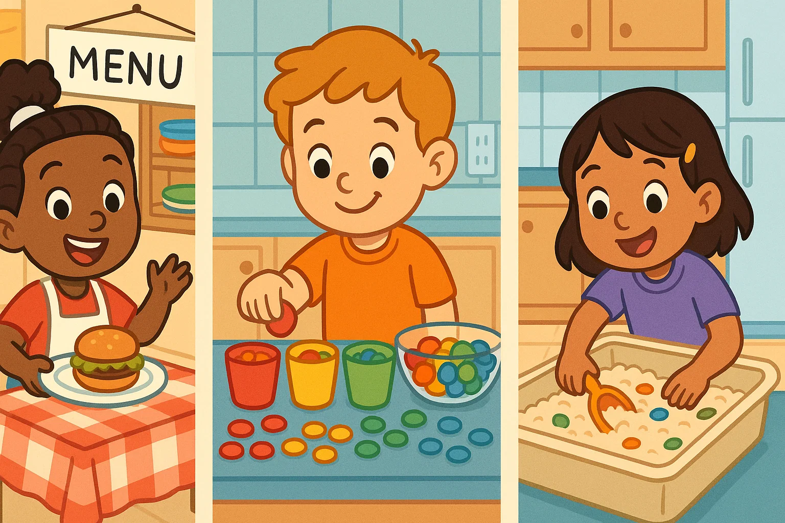 Cartoon illustrating different food game types: kids sorting snacks, playing chef, and engaging in sensory play.