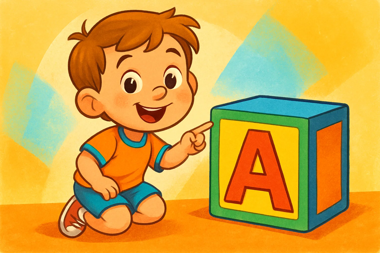 A cartoon of a 5-year-old pointing to a large letter block, symbolizing a fun language and literacy development activity. A cartoon of a 5-year-old pointing to a large letter block, symbolizing a fun language and literacy development activity.