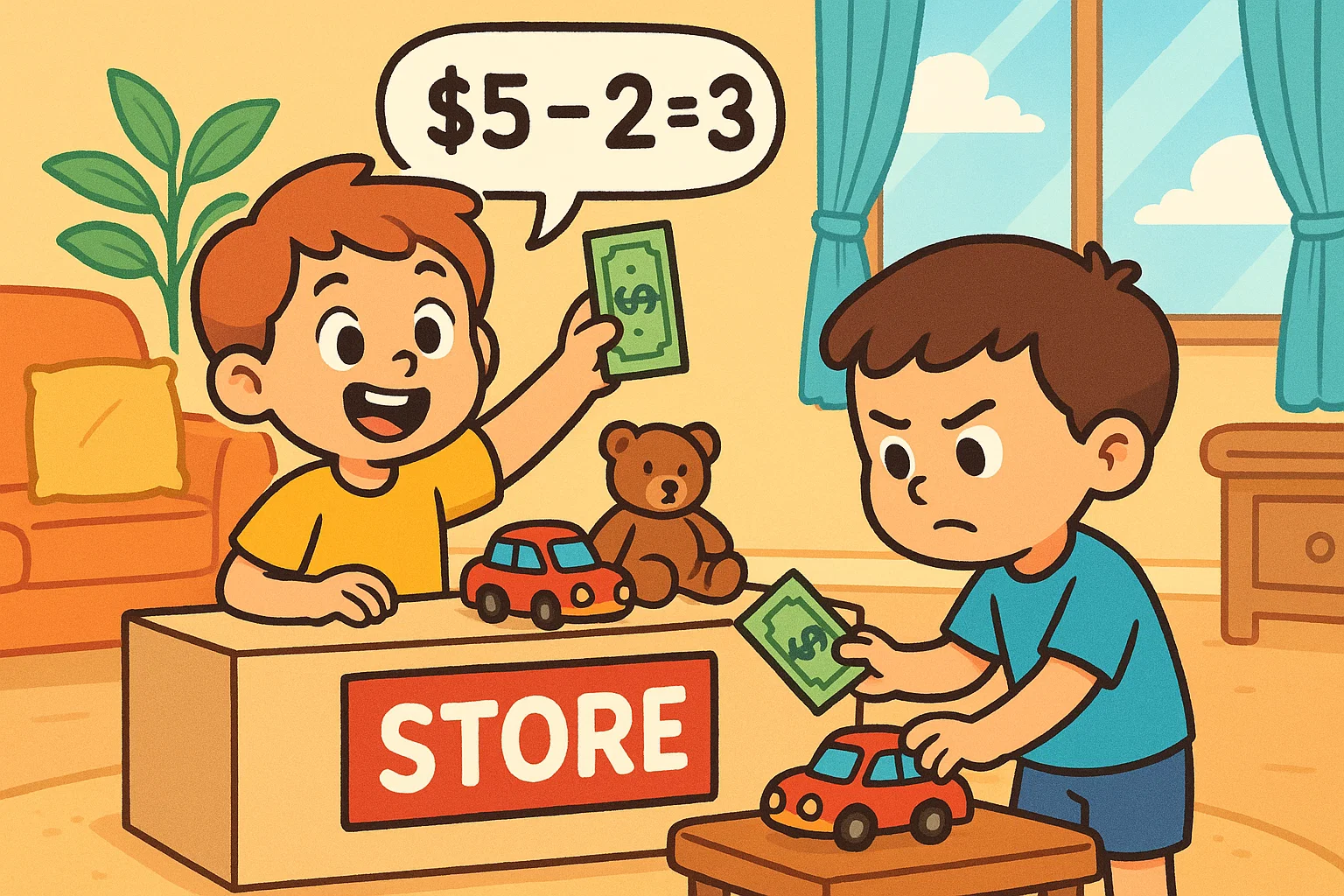 Cartoon of two children playing a pretend store game to learn money math with real-world examples. Cartoon of two children playing a pretend store game to learn money math with real-world examples.