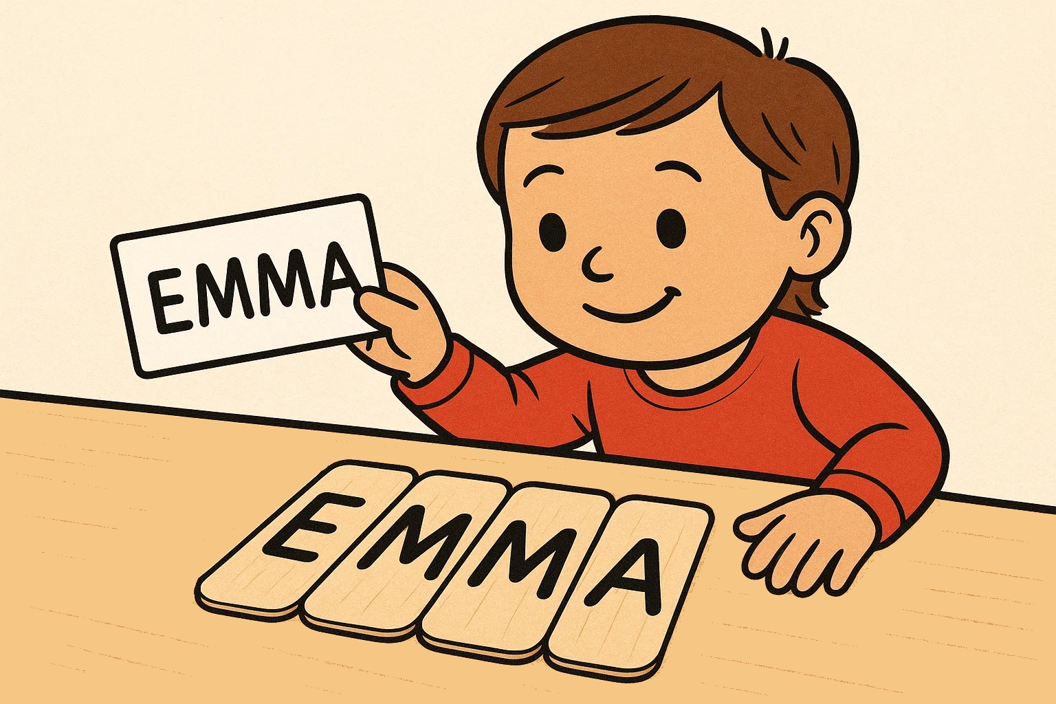 Cartoon illustration highlighting a child completing a name puzzle activity for early literacy and recognition practice. Cartoon illustration highlighting a child completing a name puzzle activity for early literacy and recognition practice.