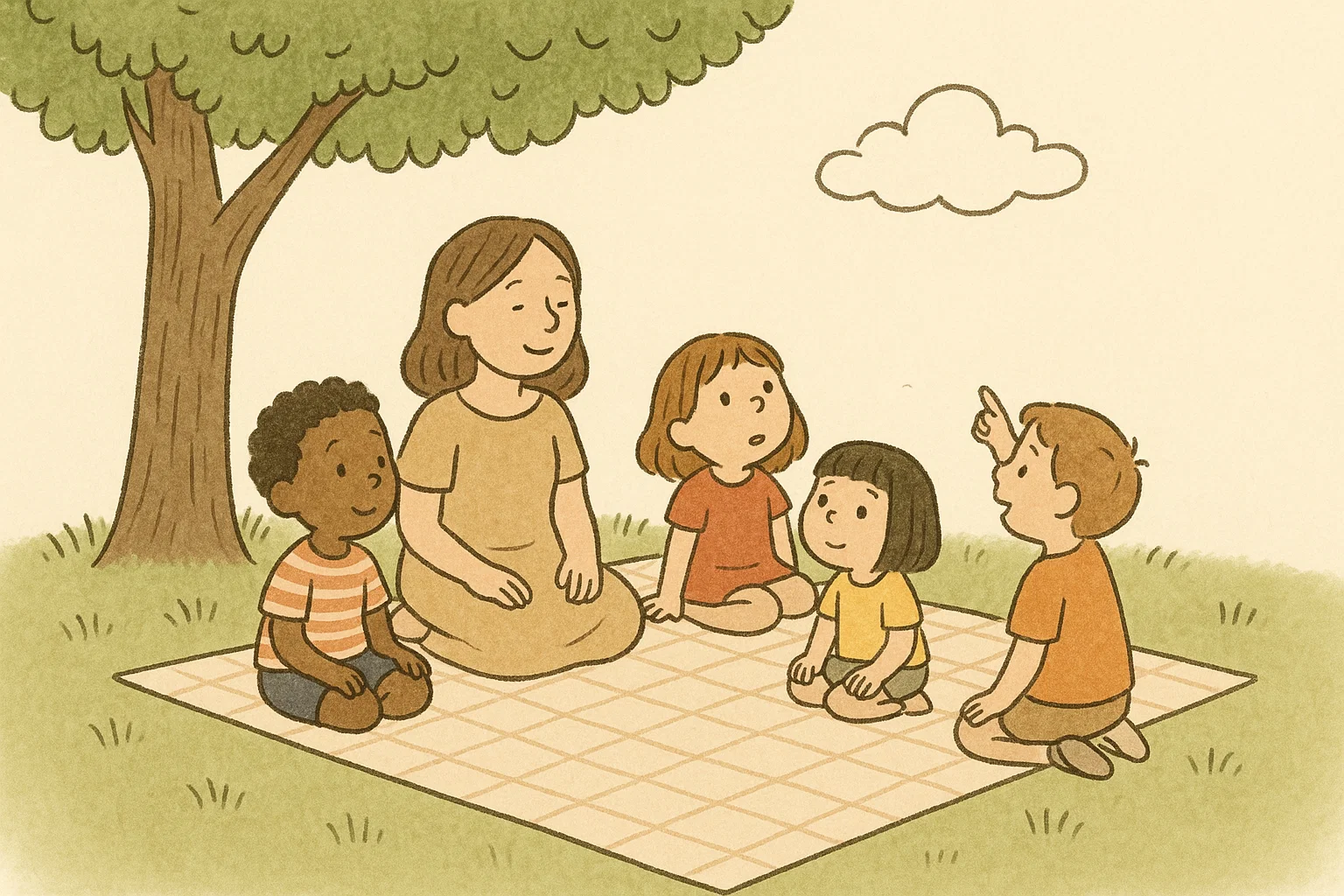 Peaceful cartoon of a family sitting on a blanket under a tree playing a quiet "I Spy" game. Peaceful cartoon of a family sitting on a blanket under a tree playing a quiet "I Spy" game.