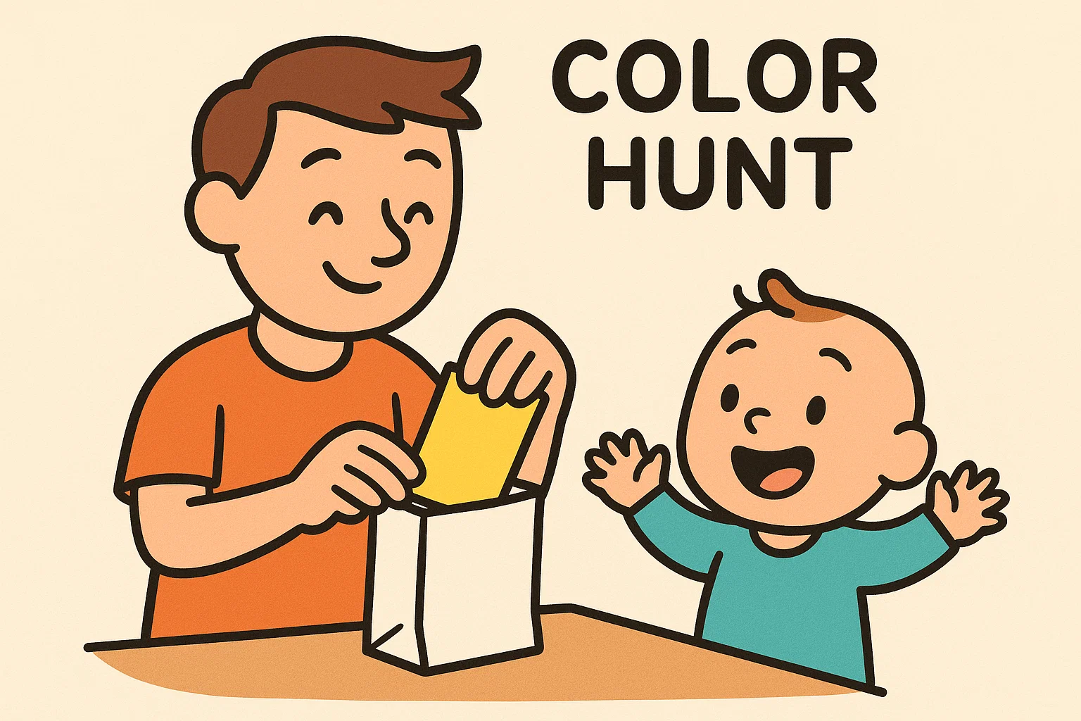 Simple cartoon of a parent quickly setting up a low-prep color scavenger hunt with a bag and paper for a toddler.
