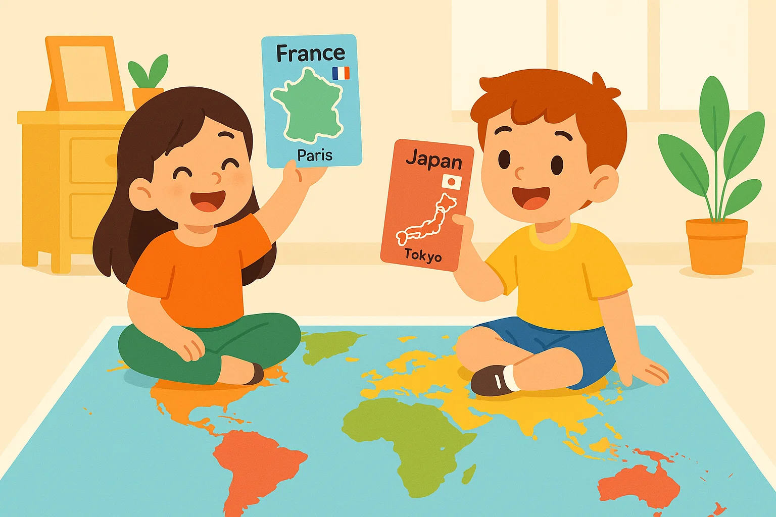 Cartoon of two kids sitting on a world map, holding country cards, and engaged in a geography matching memory game. Cartoon of two kids sitting on a world map, holding country cards, and engaged in a geography matching memory game.
