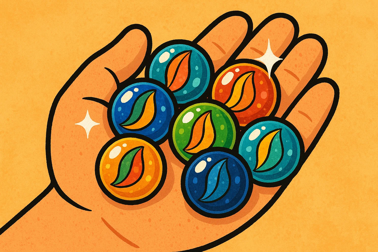 A cartoon image of a child holding a handful of colorful, shimmering glass marbles, emphasizing their texture and shine. A cartoon image of a child holding a handful of colorful, shimmering glass marbles, emphasizing their texture and shine.