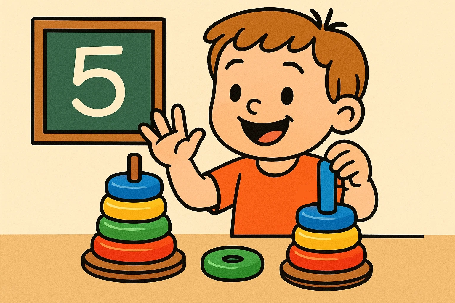 A playful cartoon of a 5-year-old counting colorful stacking rings, symbolizing a math and logic game for that age group. A playful cartoon of a 5-year-old counting colorful stacking rings, symbolizing a math and logic game for that age group.
