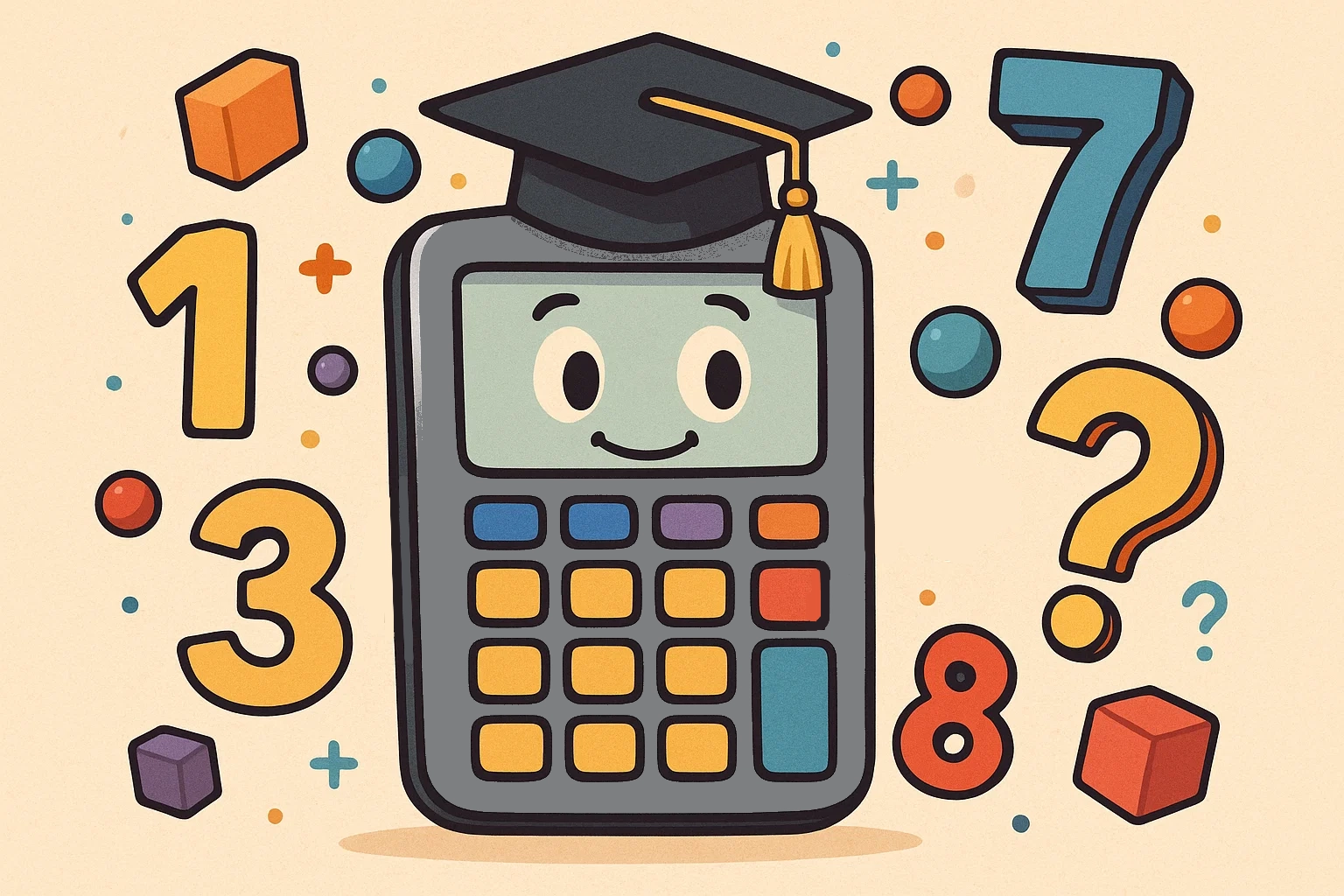 Cartoon of a smart calculator surrounded by numbers and shapes for math riddles and logic puzzles.