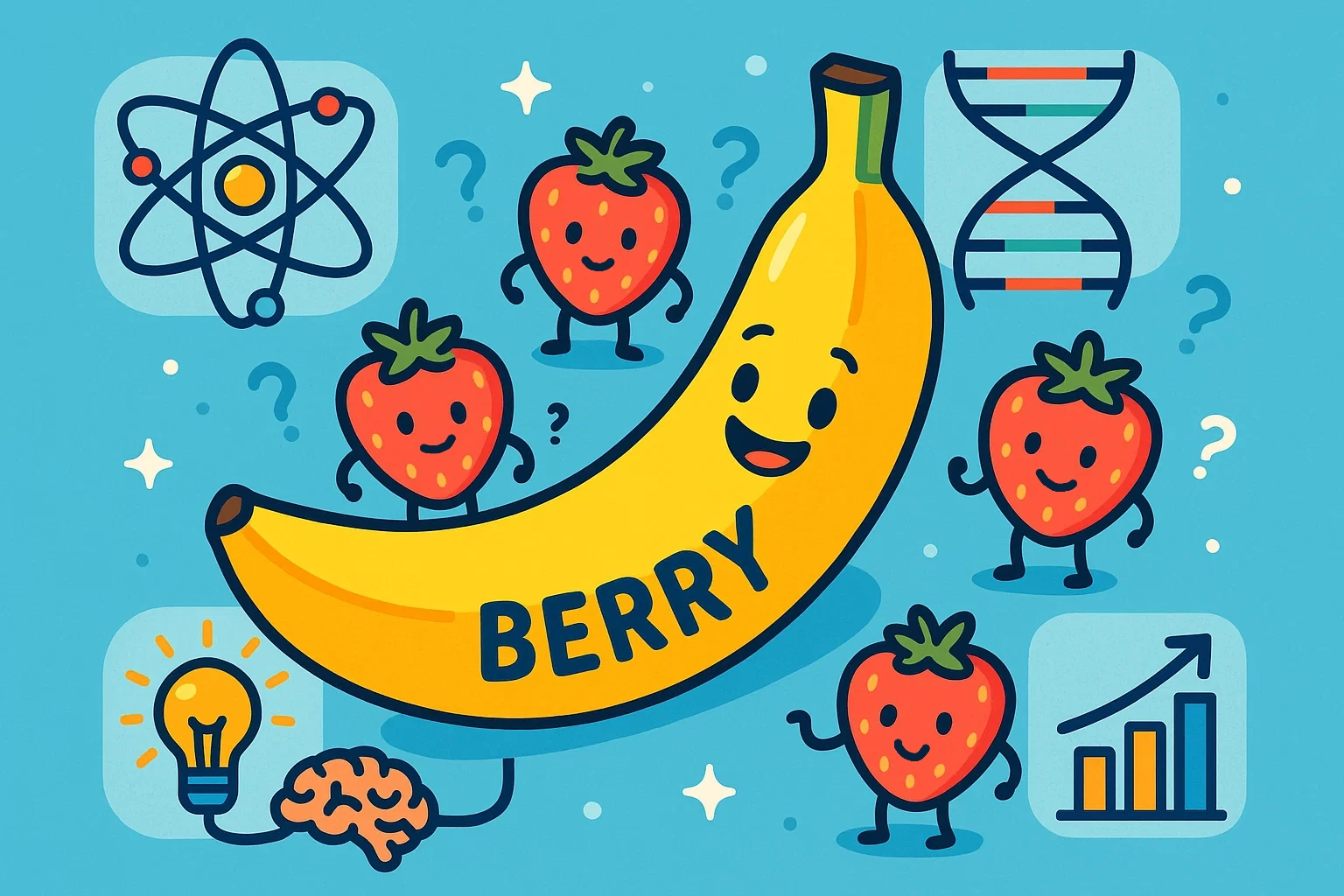 Cartoon illustration showing fun science facts, including a banana labeled "Berry" and a glowing brain.
