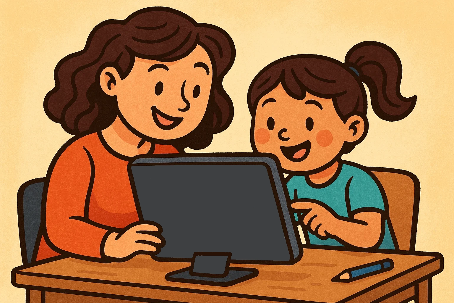 Cartoon graphic of a mother and child collaborating on a shared digital screen during a tech-based learning activity. Cartoon graphic of a mother and child collaborating on a shared digital screen during a tech-based learning activity.