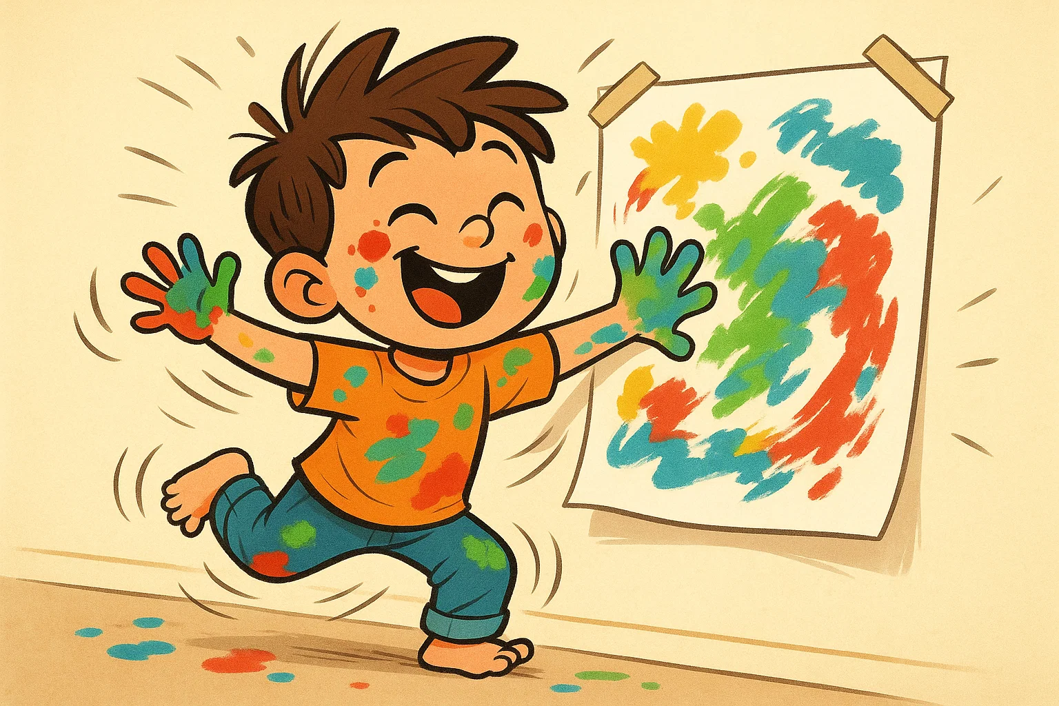 A dynamic cartoon of a 5-year-old happily engaged in a messy finger painting activity, promoting motor and sensory skills. A dynamic cartoon of a 5-year-old happily engaged in a messy finger painting activity, promoting motor and sensory skills.