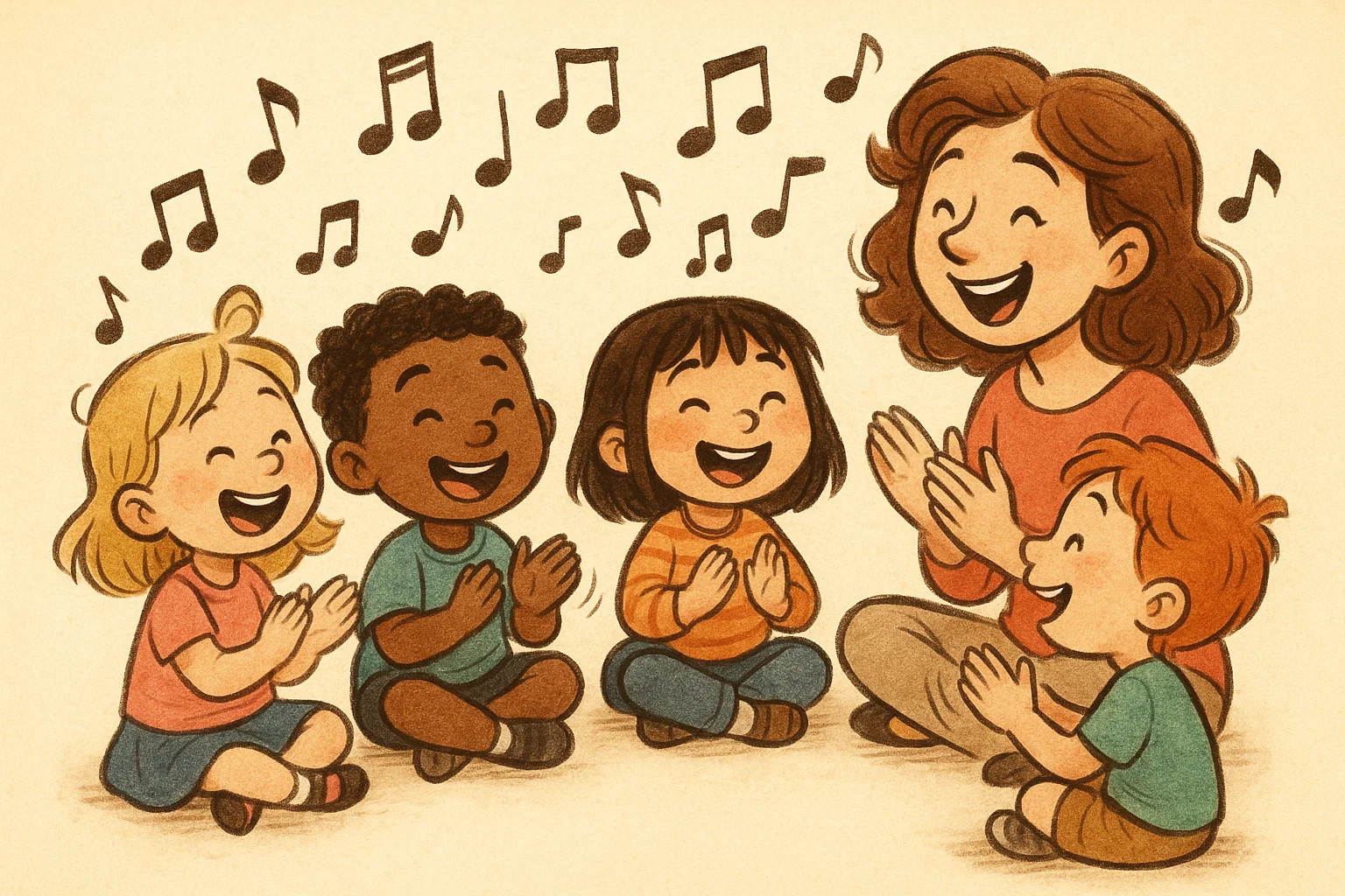 Whimsical cartoon of children and a teacher happily singing and clapping during a musical name game circle time. Whimsical cartoon of children and a teacher happily singing and clapping during a musical name game circle time.