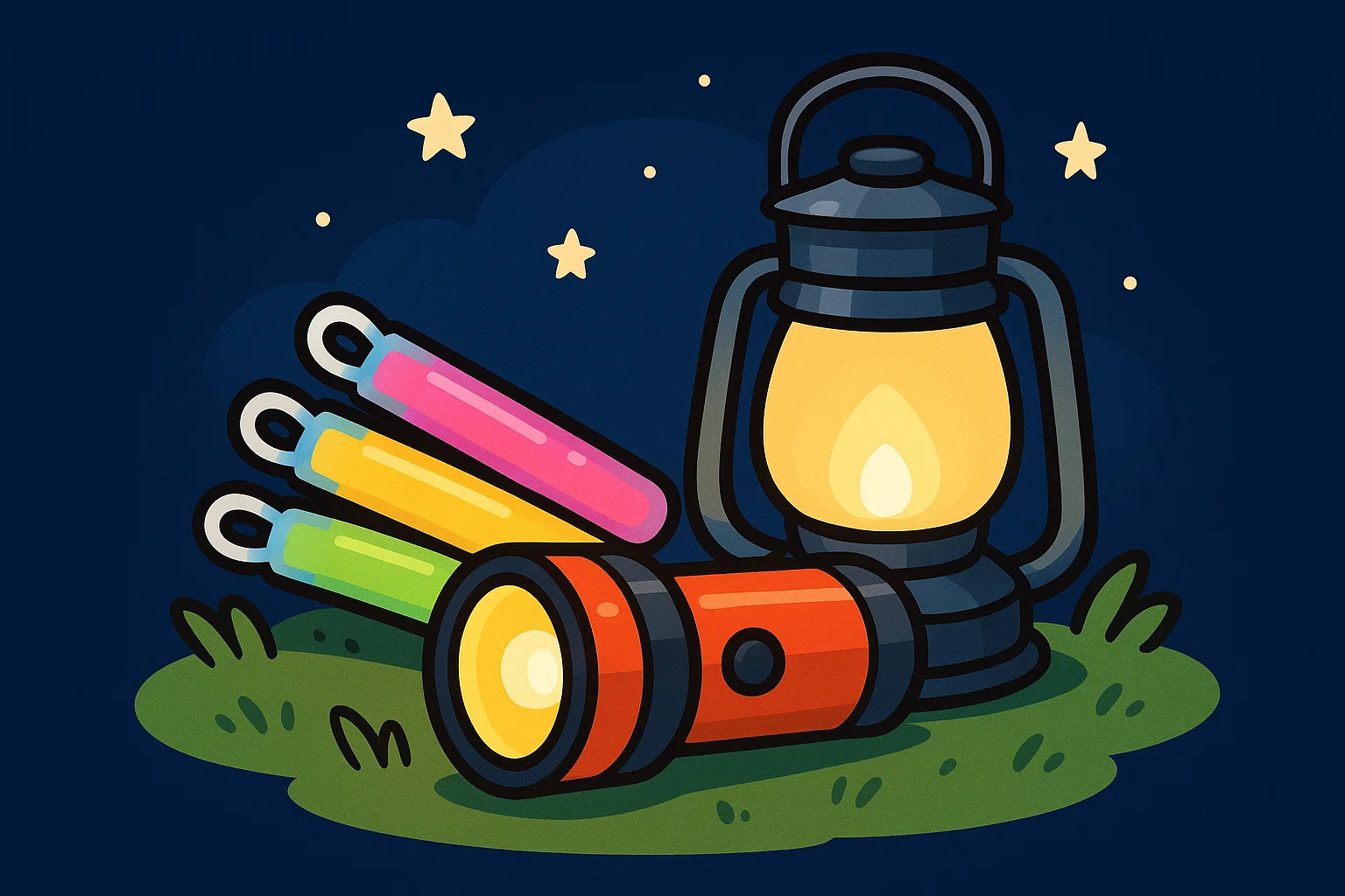 A cartoon of must-have items for night games: glow sticks, a flashlight, and a lantern on the grass. A cartoon of must-have items for night games: glow sticks, a flashlight, and a lantern on the grass.