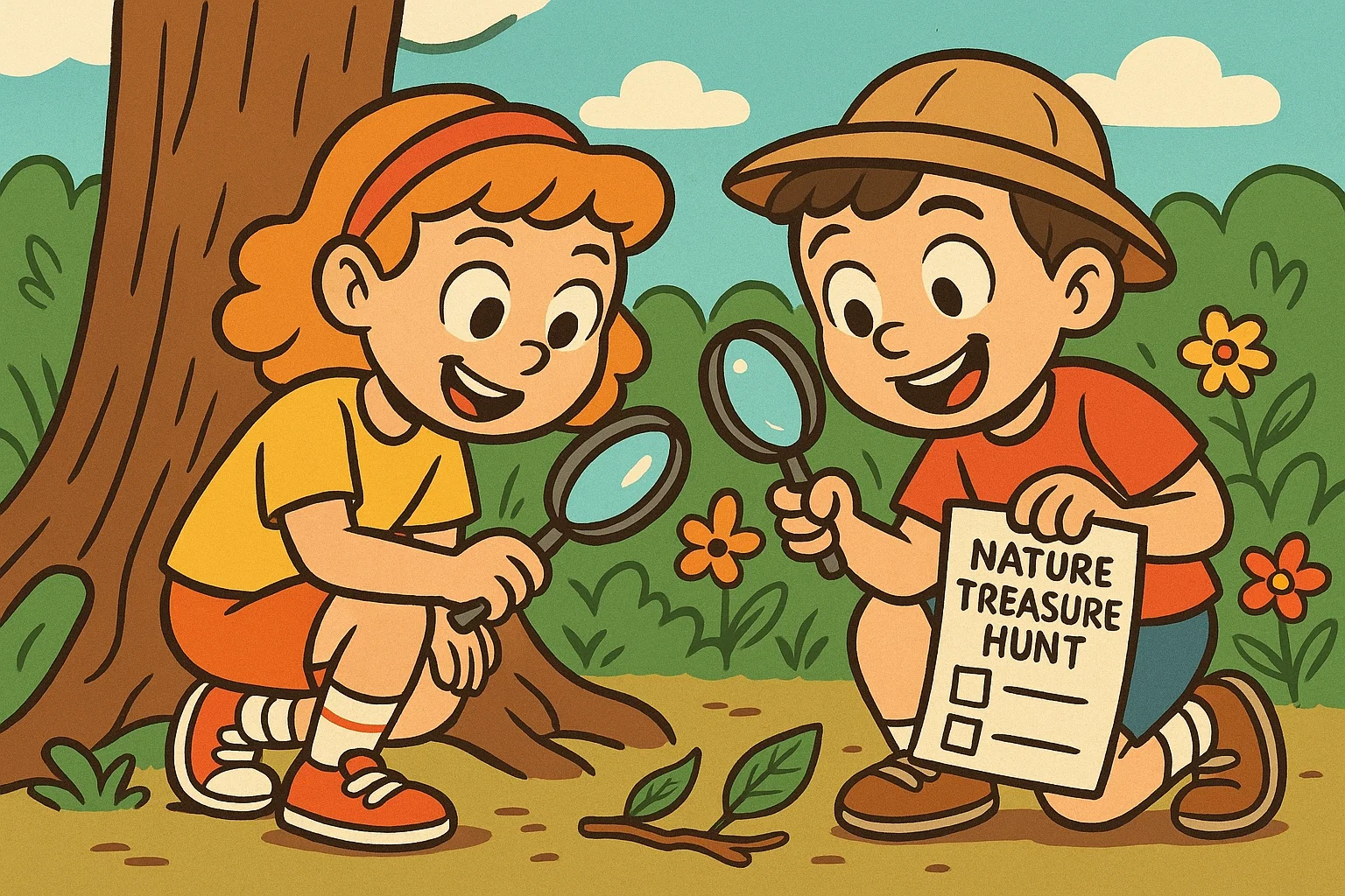 Cartoon of two excited children on a nature scavenger hunt, looking closely at a tree root. Cartoon of two excited children on a nature scavenger hunt, looking closely at a tree root.