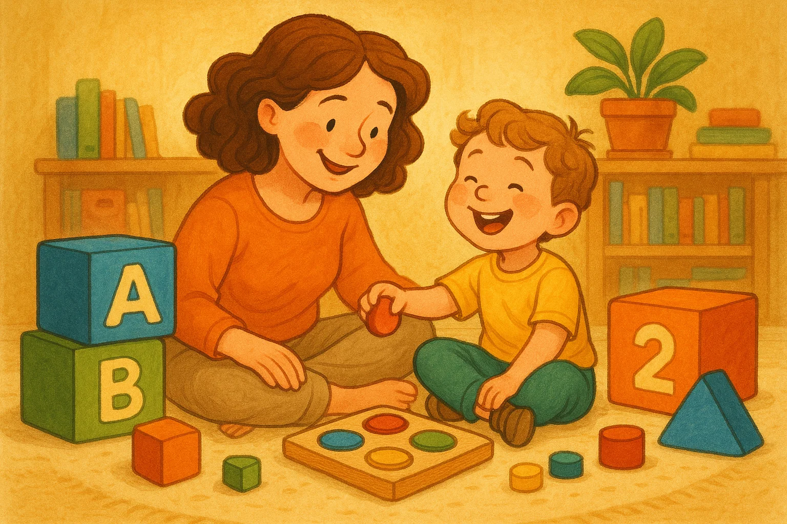 Cartoon of a mother and her 5-year-old on the floor, surrounded by educational learning activities and simple toys in a bright room.