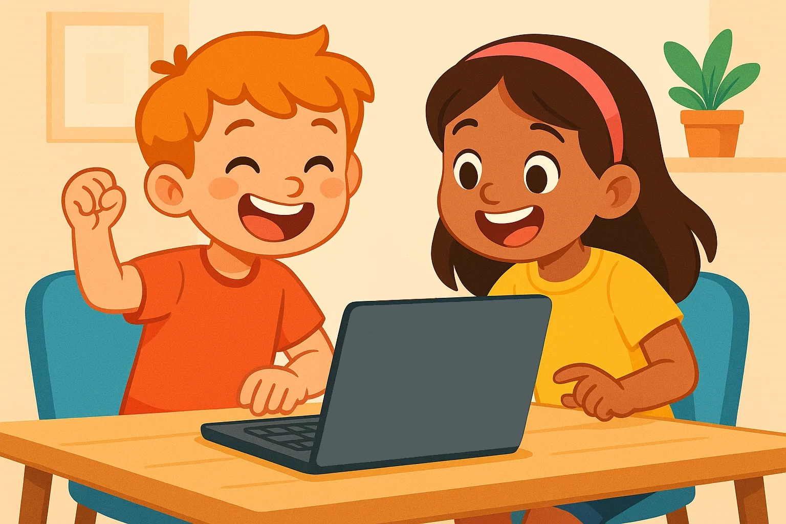 Cartoon of kids having fun playing an online world geography game on a laptop, with a focus on joyful, digital learning. Cartoon of kids having fun playing an online world geography game on a laptop, with a focus on joyful, digital learning.