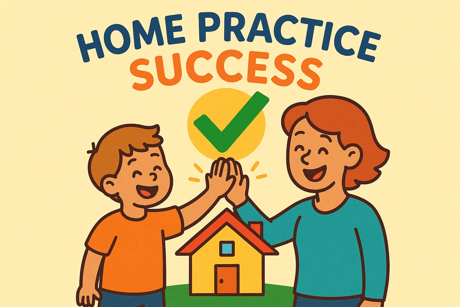 Cartoon graphic showing a child and parent high-fiving with a large checkmark, symbolizing successful speech outcomes through play.