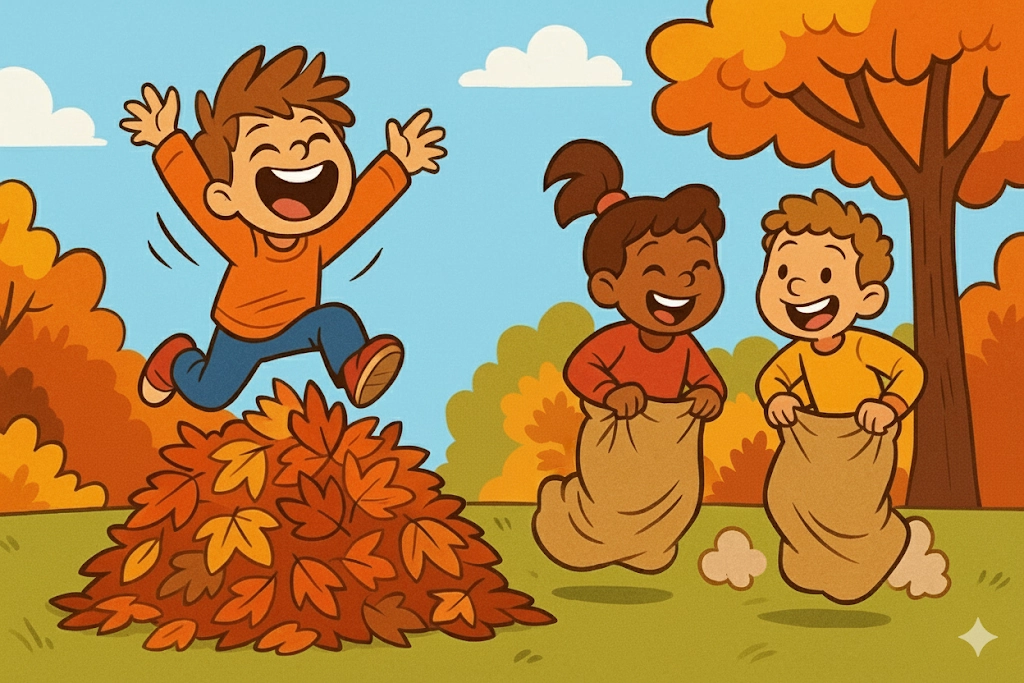 A dynamic cartoon of children running sack races and jumping in a leaf pile at an outdoor harvest festival. A dynamic cartoon of children running sack races and jumping in a leaf pile at an outdoor harvest festival.