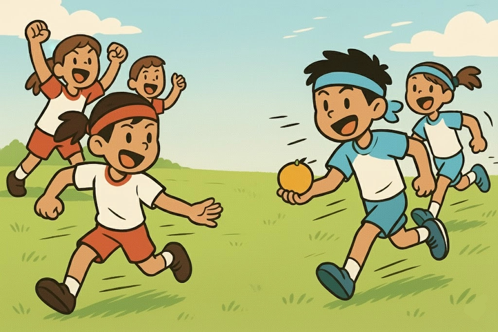 Cartoon of kids participating in a fun outdoor relay race, demonstrating team-building activities and movement.