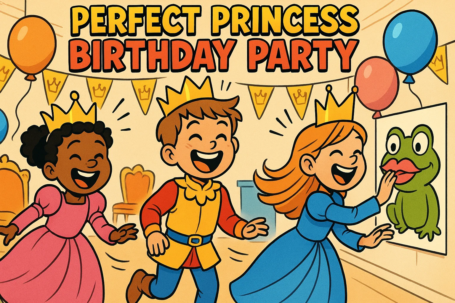 A vibrant cartoon showing three kids in princess and prince costumes laughing while playing a perfect party game.