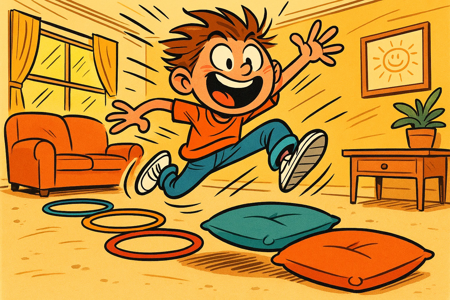 Energetic cartoon of a 7-year-old successfully navigating a simple indoor obstacle course, showing physical activities.