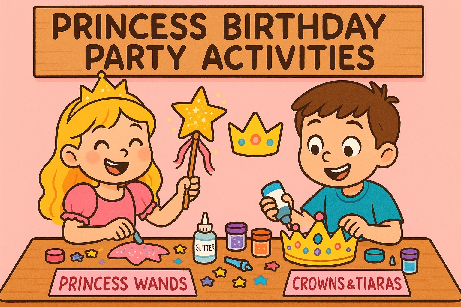 Cartoon illustration of kids enjoying DIY craft activities like making wands at a princess birthday party.