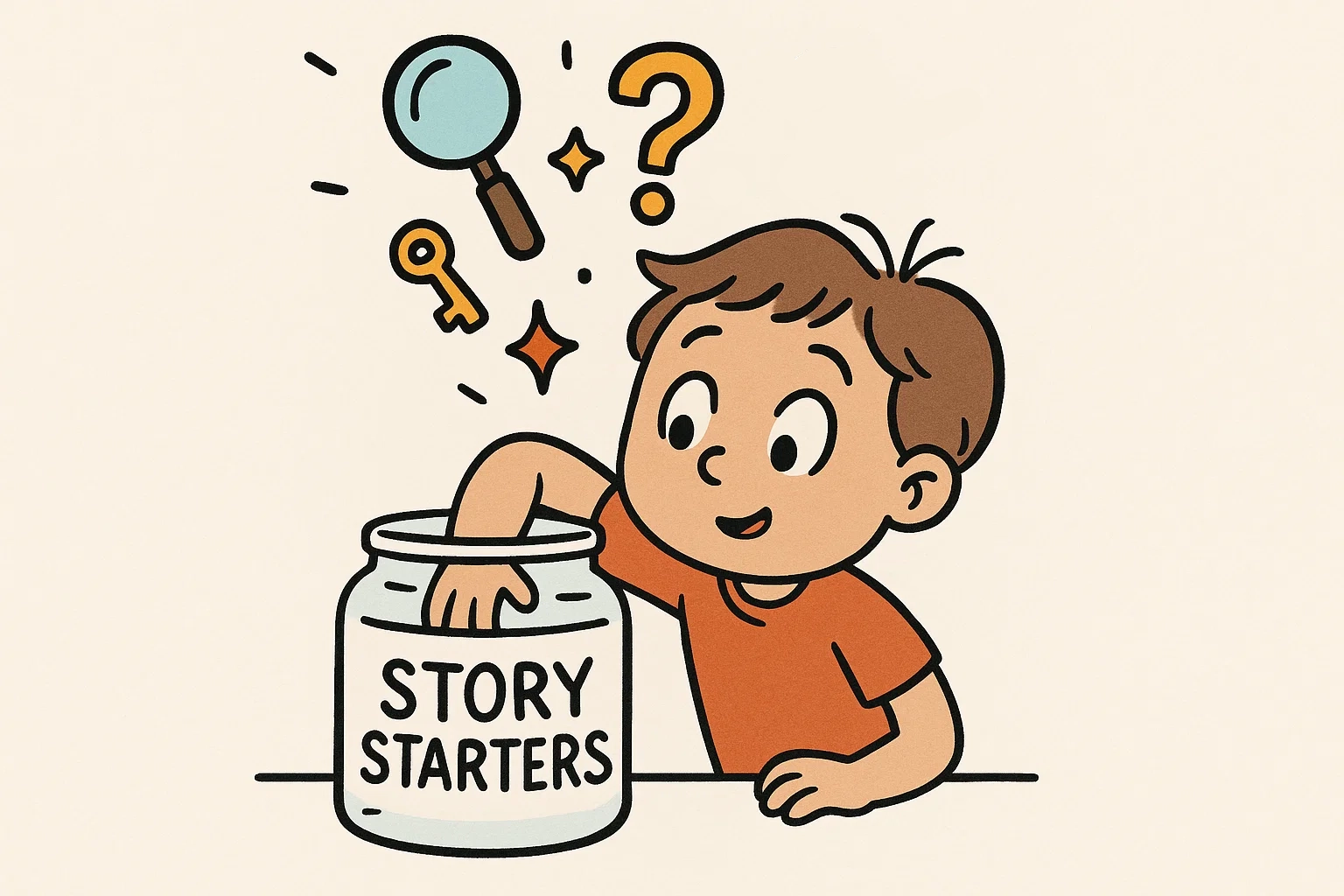 Simple cartoon of a child pulling a story starter prompt from a jar, representing creative inspiration and descriptive writing. Simple cartoon of a child pulling a story starter prompt from a jar, representing creative inspiration and descriptive writing.