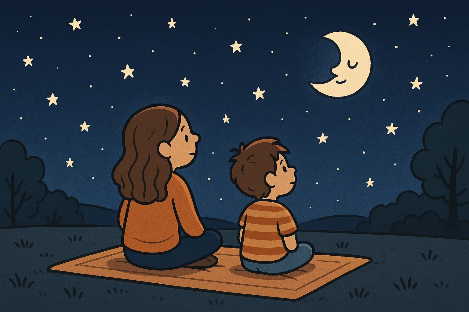 Peaceful cartoon of two children sitting outside on a blanket watching the starry night sky. Peaceful cartoon of two children sitting outside on a blanket watching the starry night sky.