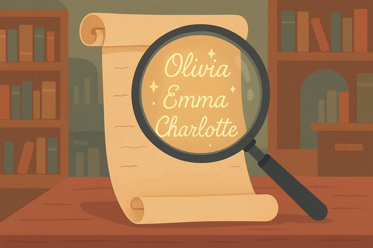 Cartoon of a magnifying glass over a scroll, highlighting rare and uncommon girl names, suggesting discovery.