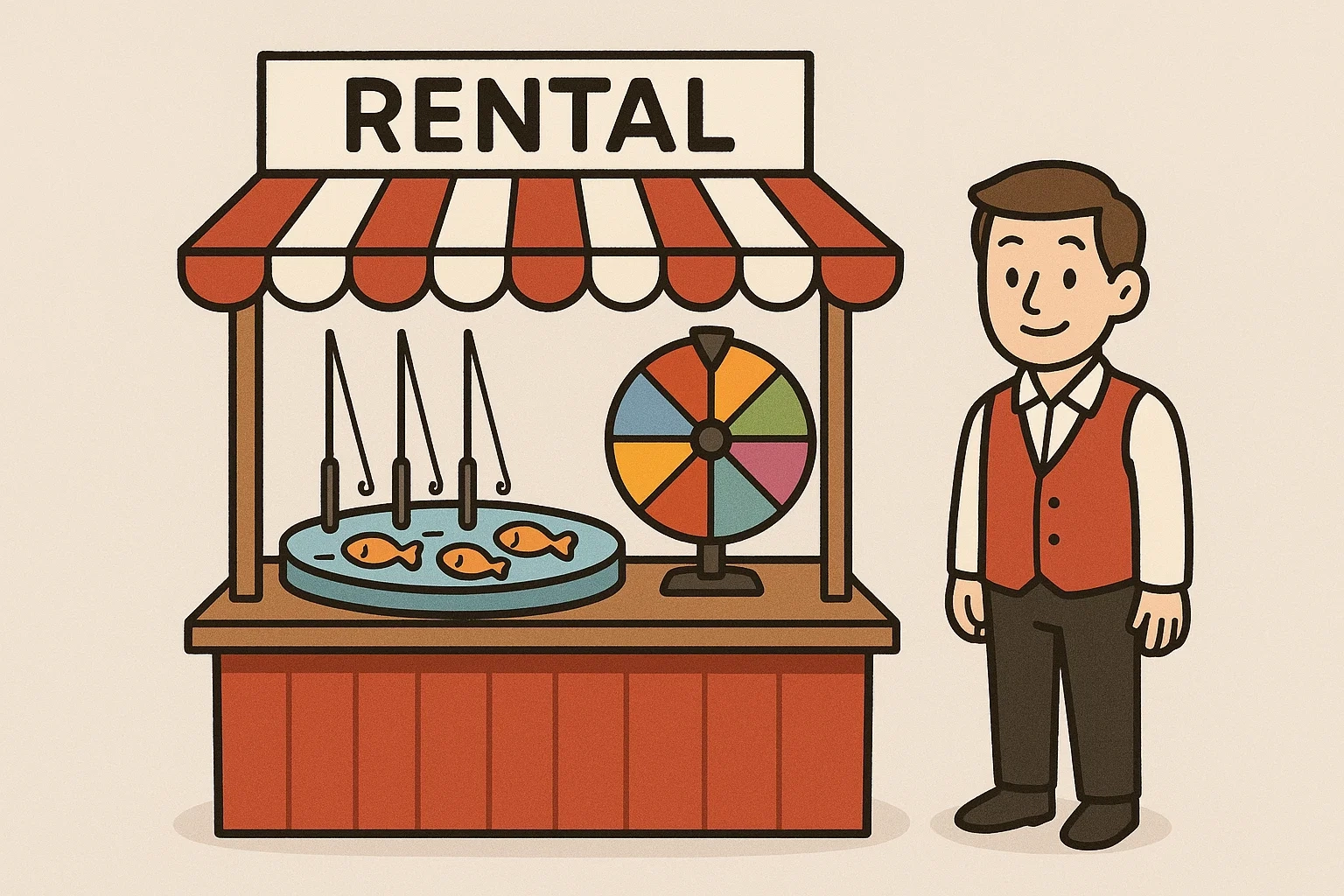 A simple cartoon of a professional, rented carnival booth with a striped awning and a game inside, emphasizing equipment quality.