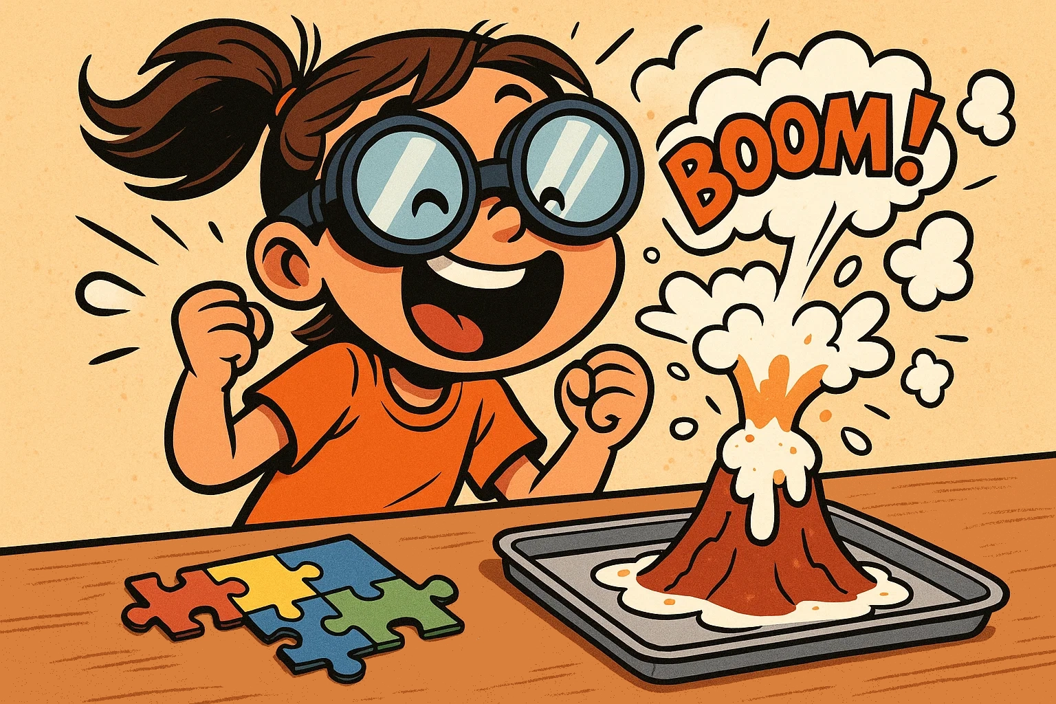 Cartoon of a girl watching a small science experiment erupt, with a large puzzle nearby, illustrating STEM activities for kids.