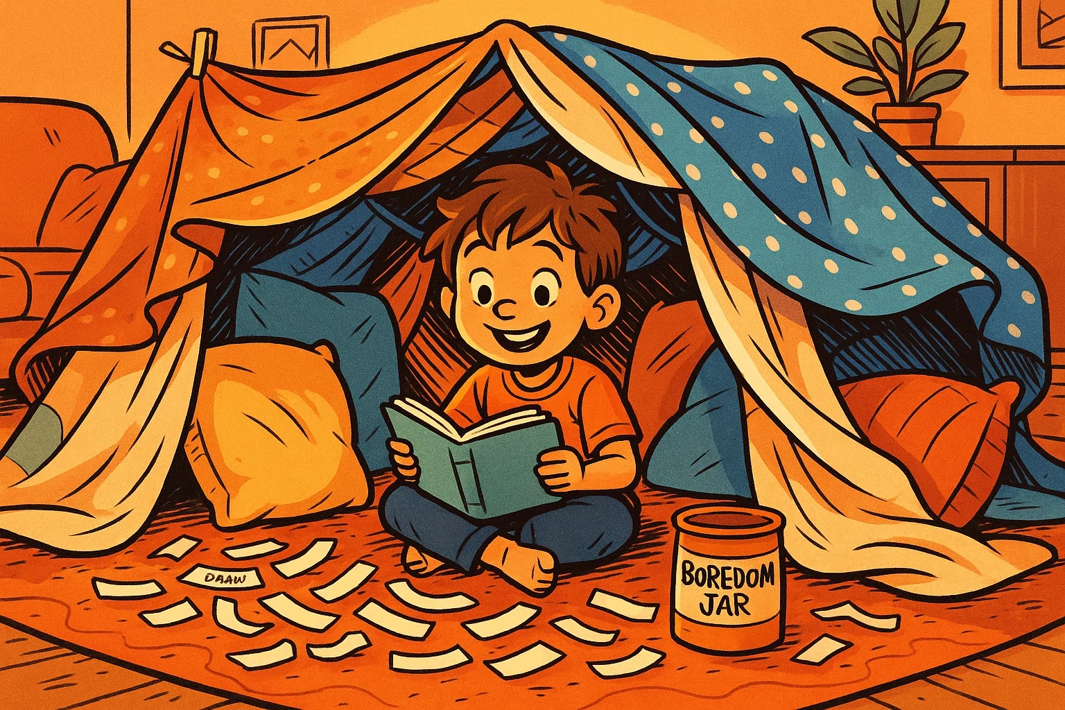 Cartoon child happily reading inside a cozy blanket fort, surrounded by activity ideas from a "Boredom Jar."