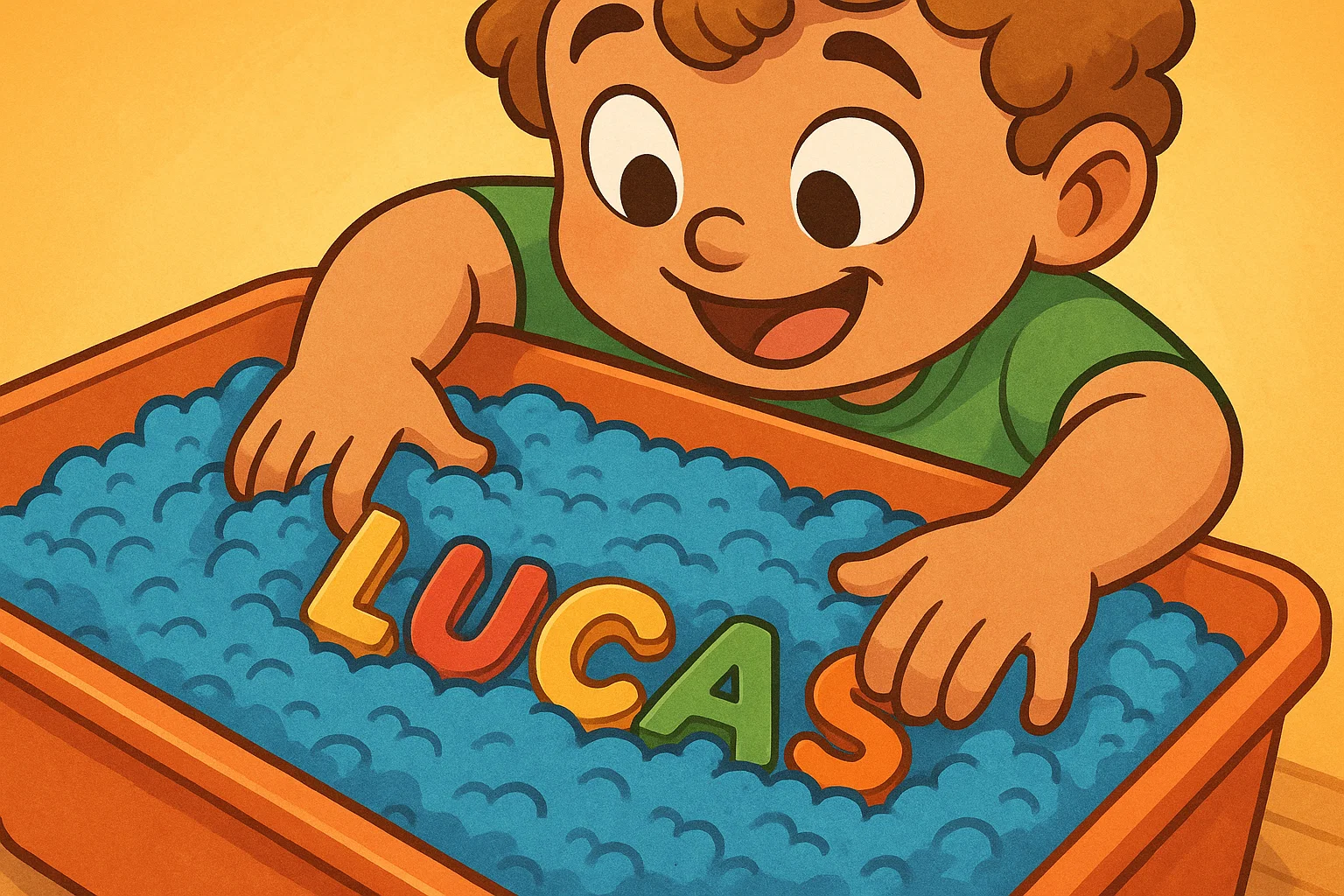 Simple cartoon of a preschooler using fine motor skills to find letter pieces in a sensory bin to build their name. Simple cartoon of a preschooler using fine motor skills to find letter pieces in a sensory bin to build their name.