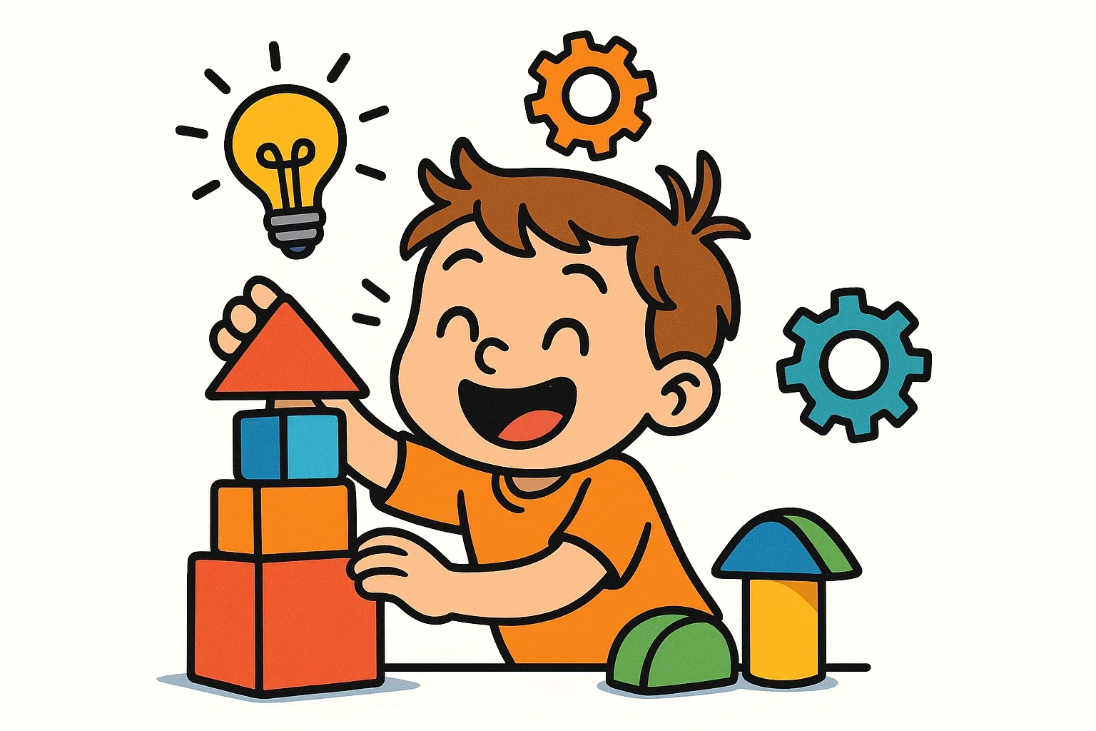 Cartoon illustration of a child playing with shapes, surrounded by icons symbolizing improved logic, spatial thinking, and fine motor skills. Cartoon illustration of a child playing with shapes, surrounded by icons symbolizing improved logic, spatial thinking, and fine motor skills.