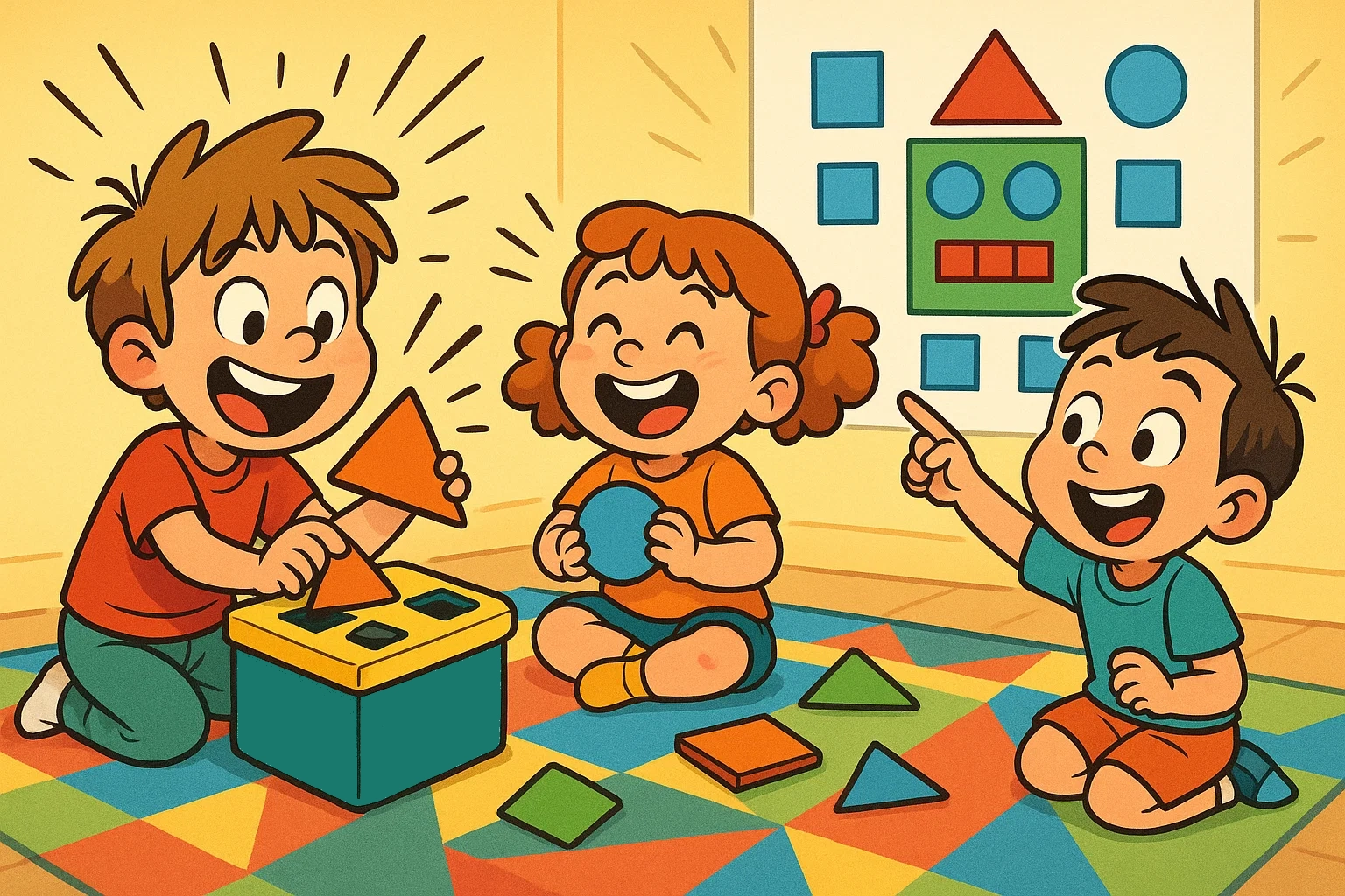 Playful cartoon showing three cheerful children using colorful shape games and sorters to master geometry. Fun and energetic style. Playful cartoon showing three cheerful children using colorful shape games and sorters to master geometry. Fun and energetic style.