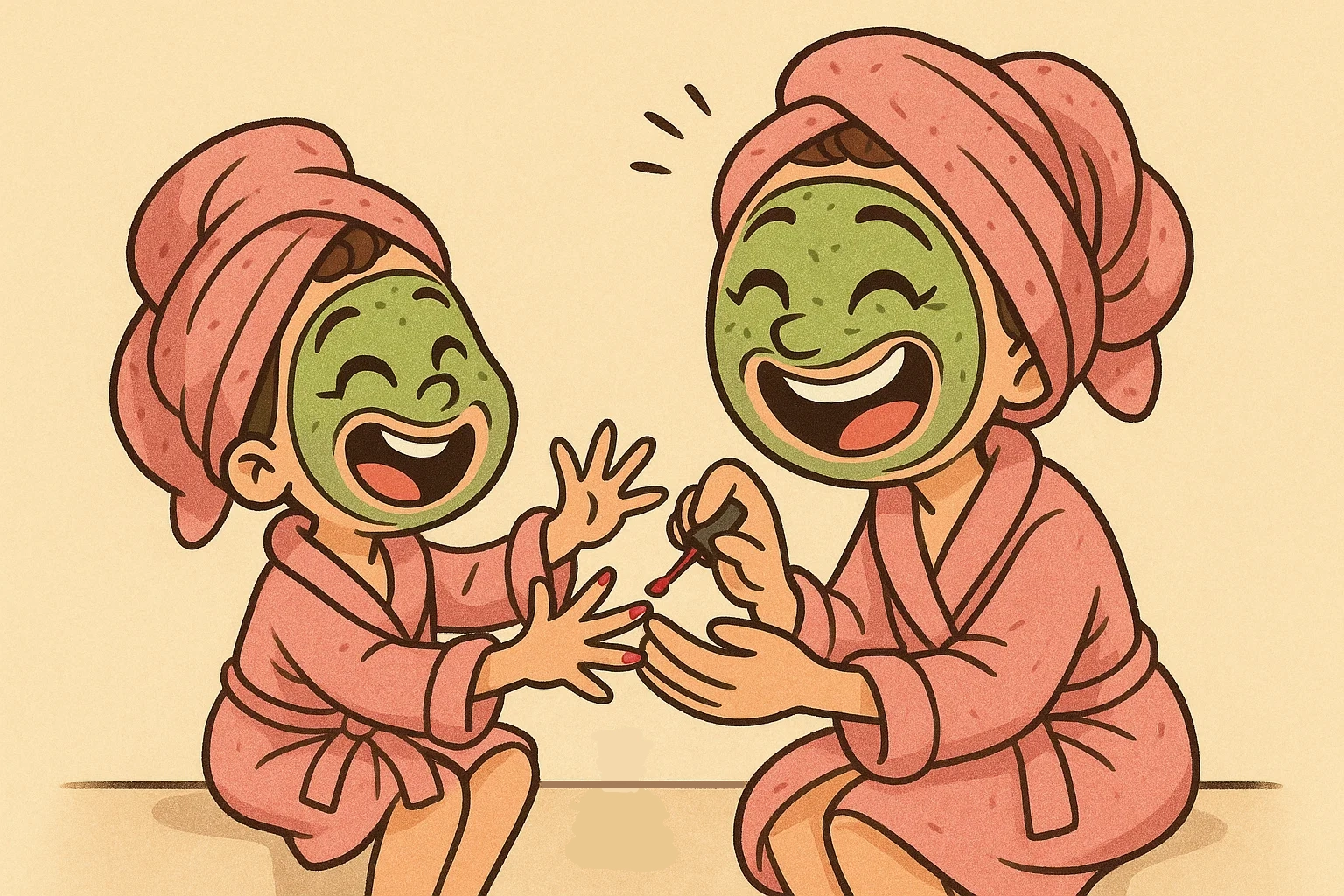 Humorous cartoon of a mother and child enjoying a silly home spa day with face masks and manicures. Humorous cartoon of a mother and child enjoying a silly home spa day with face masks and manicures.