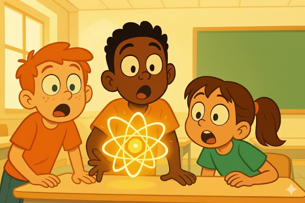 Simple cartoon of amazed students reacting to floating science and animal facts in a bright classroom. Simple cartoon of amazed students reacting to floating science and animal facts in a bright classroom.
