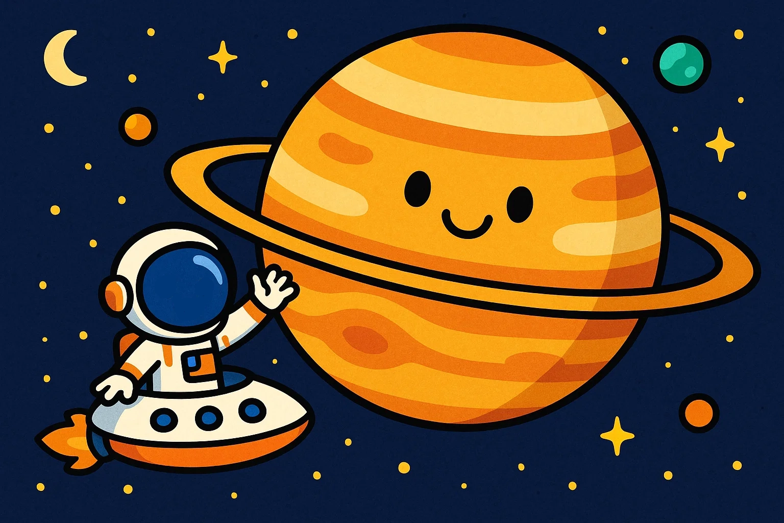 Cartoon of the Solar System with a student observing stars that represent the vastness of space.
