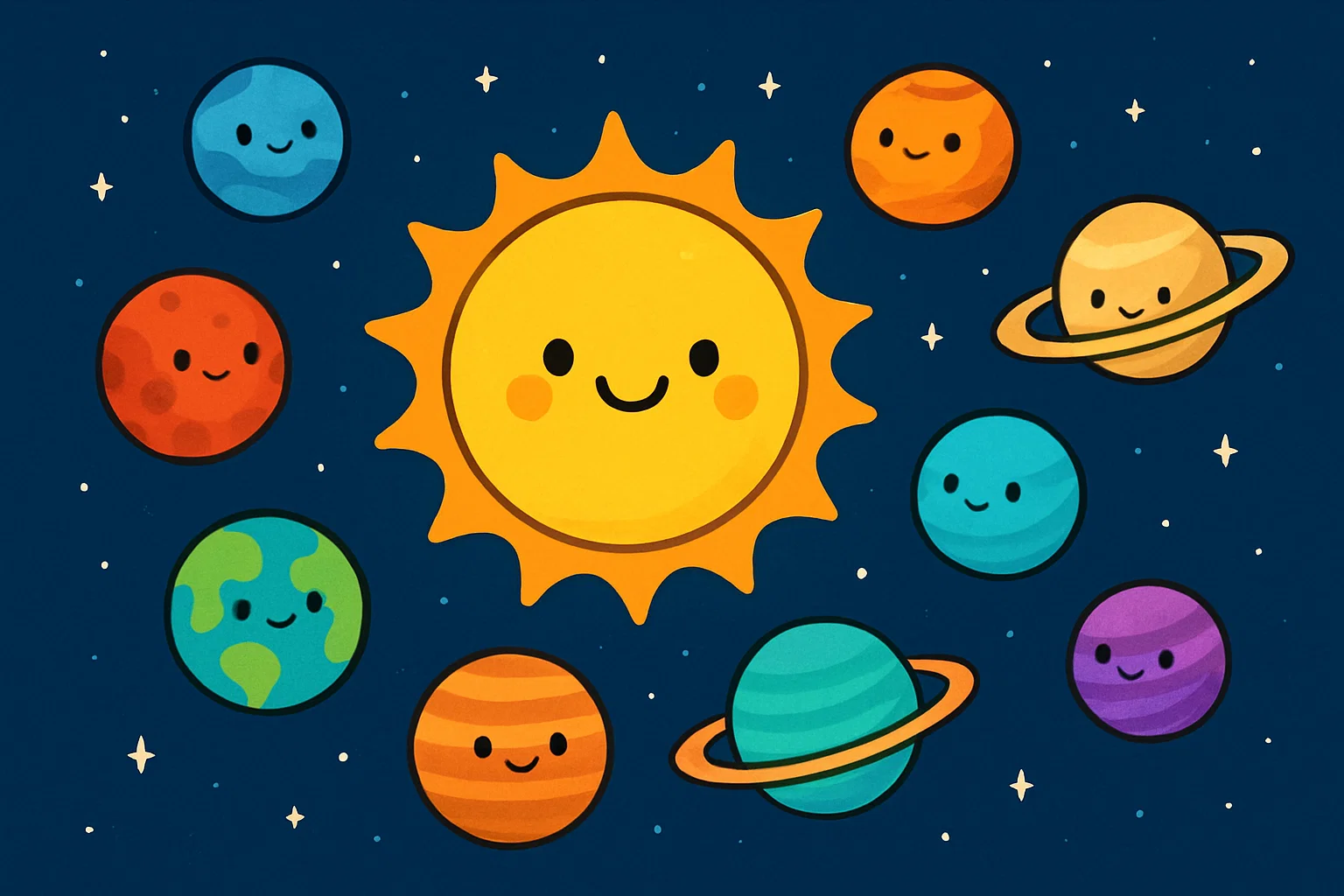 A simple, cute cartoon illustration of the smiling sun and colorful planets orbiting in space for solar system facts.