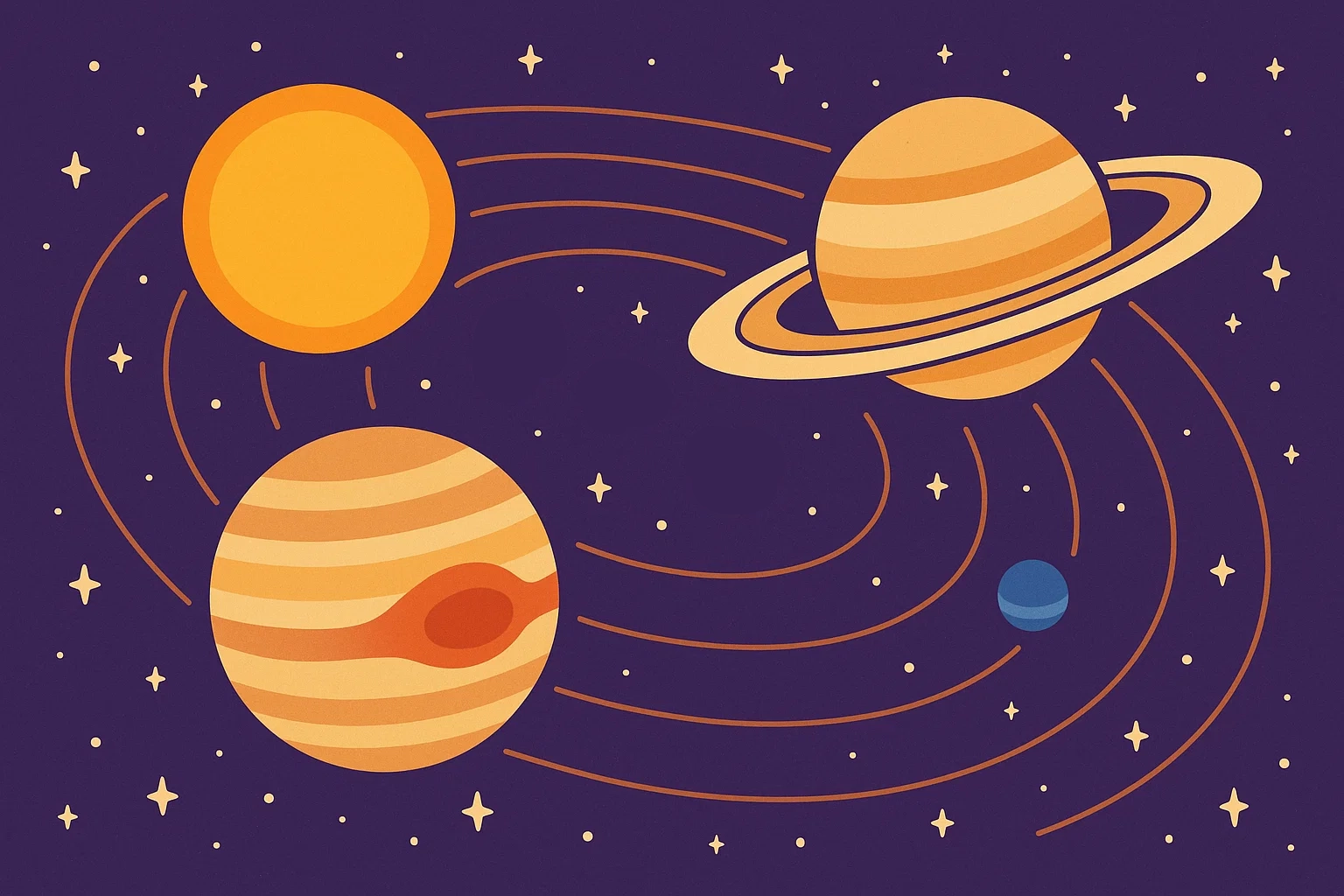 Simple cartoon of Saturn and Jupiter with exaggerated features, illustrating interesting facts about space.
