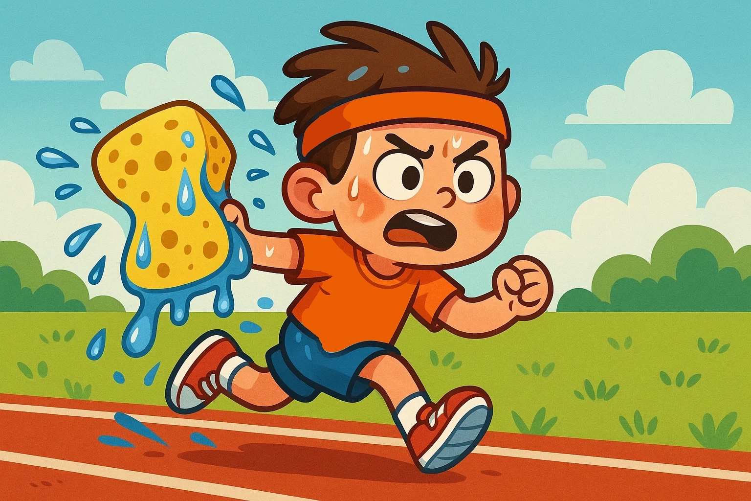 Humorous cartoon of a determined child running with a soaking wet sponge during a water relay race.