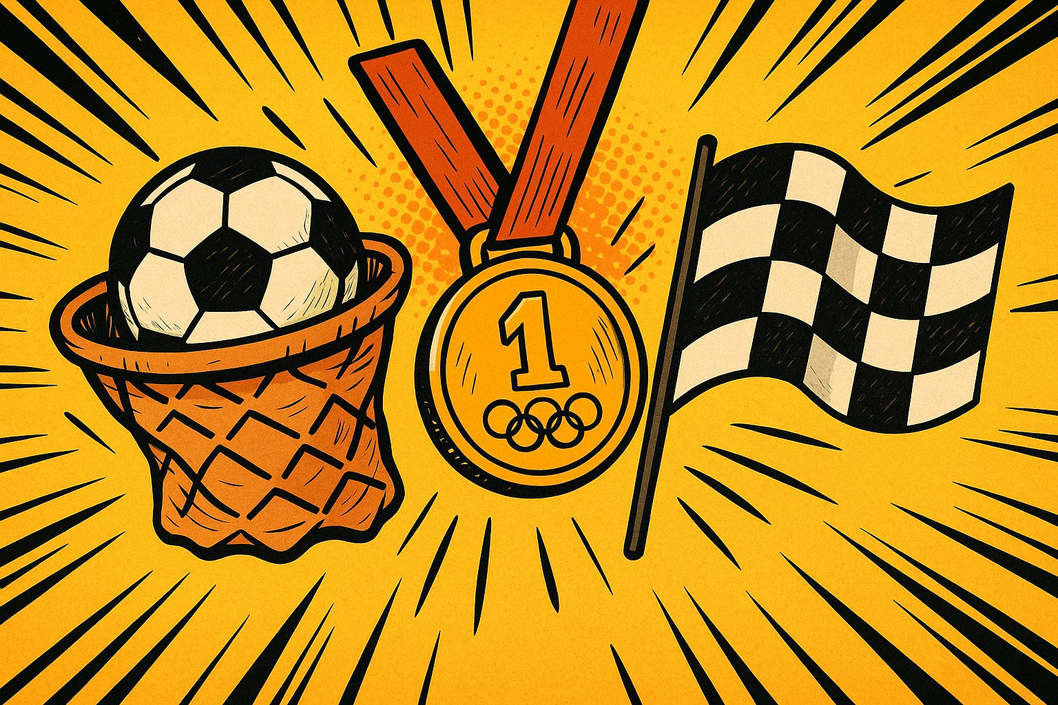 Cartoon image showing a peach basket, a soccer ball, and an Olympic gold medal, representing sports facts. Cartoon image showing a peach basket, a soccer ball, and an Olympic gold medal, representing sports facts.